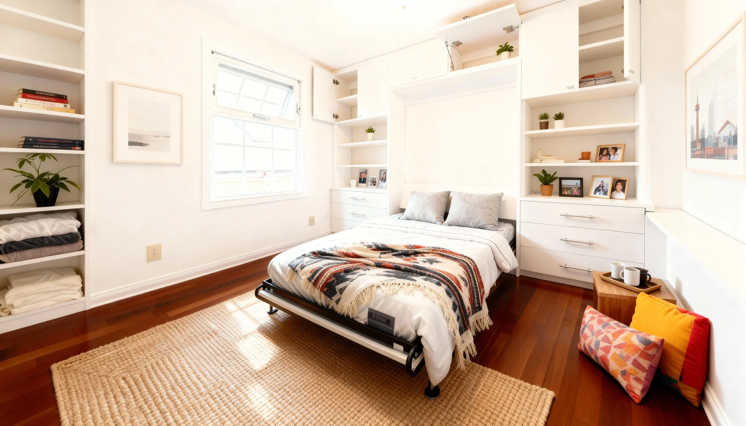 Komandor custom Murphy bed and space-saving furniture system integrated with floor-to-ceiling cabinetry. The unit features a vertical fold-down bed mechanism surrounded by white thermal-fused laminate storage components and open shelving manufactured to millimeter precision. The architectural furniture system includes upper bridge cabinets with soft-close hinges and side wardrobe towers. This high-density storage solution utilizes high-quality European-grade materials to maximize functionality in multi-purpose residential spaces and modern urban condos.