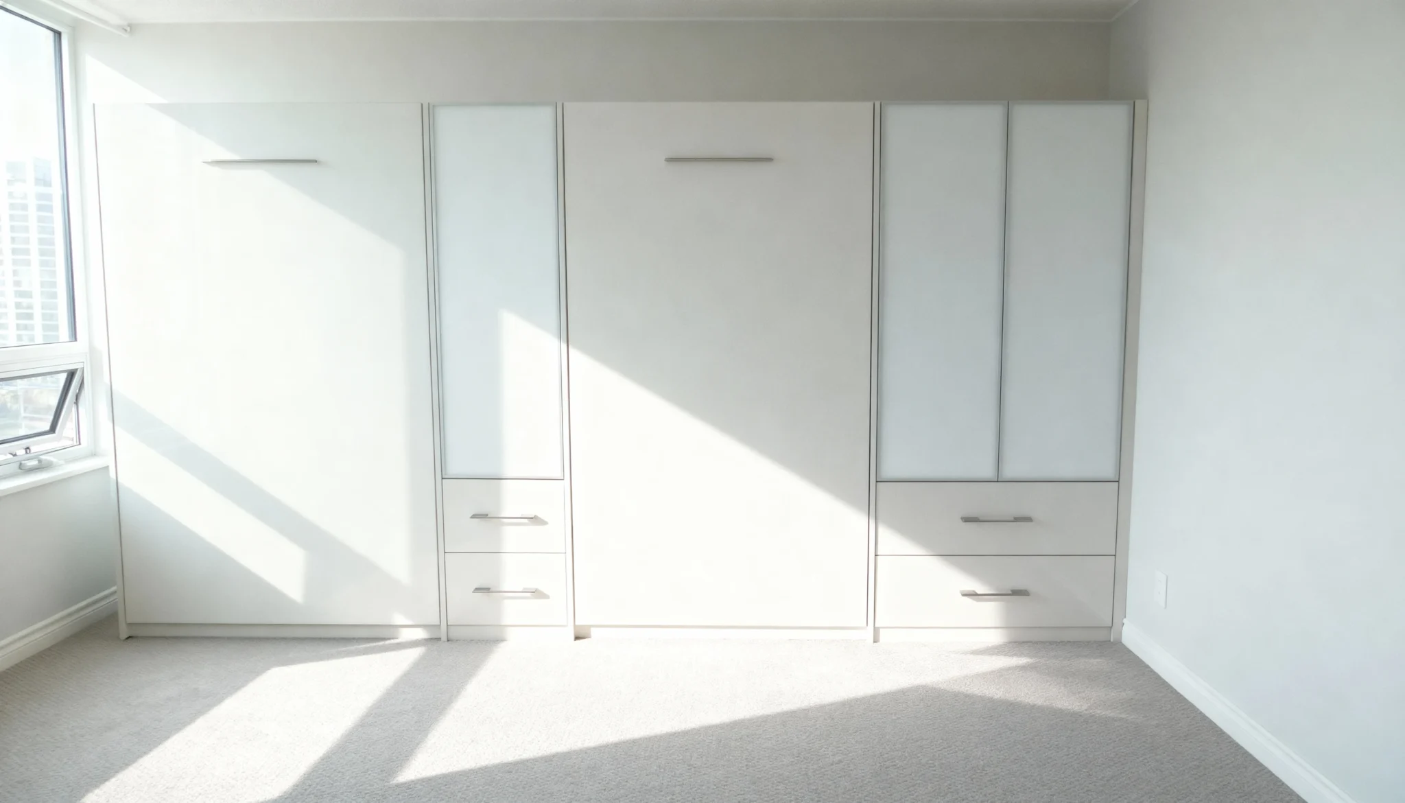 Komandor custom Murphy bed system featuring a seamless integrated space-saving furniture design. This multi-functional unit incorporates a vertical folding wall bed flanked by custom cabinetry with frosted glass inserts and low-VOC laminate panels. The construction utilizes high-density European thermal-fused laminate with 1mm ABS impact-resistant edgebanding. The system features modern slab-style drawer fronts and sleek horizontal metal handles, demonstrating millimeter-precise engineering for high-end residential and luxury condo applications where maximizing square footage is essential.