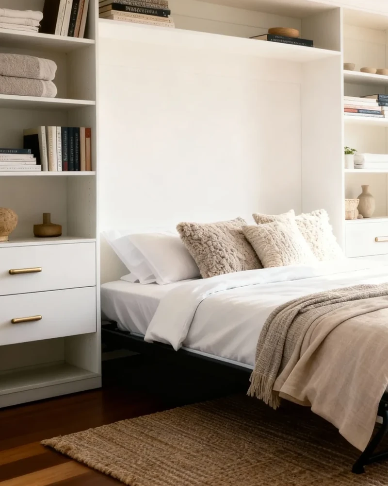 Komandor custom Murphy bed and integrated closet storage system featuring a seamless white wood-grain finish and professional-grade hardware. This space-saving furniture solution includes a fold-down bed mechanism flanked by built-in shelving units and soft-close drawers with decorative brass handles. Engineered for high-density living, the system provides a multifunctional guest room and home office combination. Every component is manufactured to millimeter-precise European standards, ensuring a flush architectural fit that maximizes vertical square footage in a modern Toronto condo or urban residential interior.