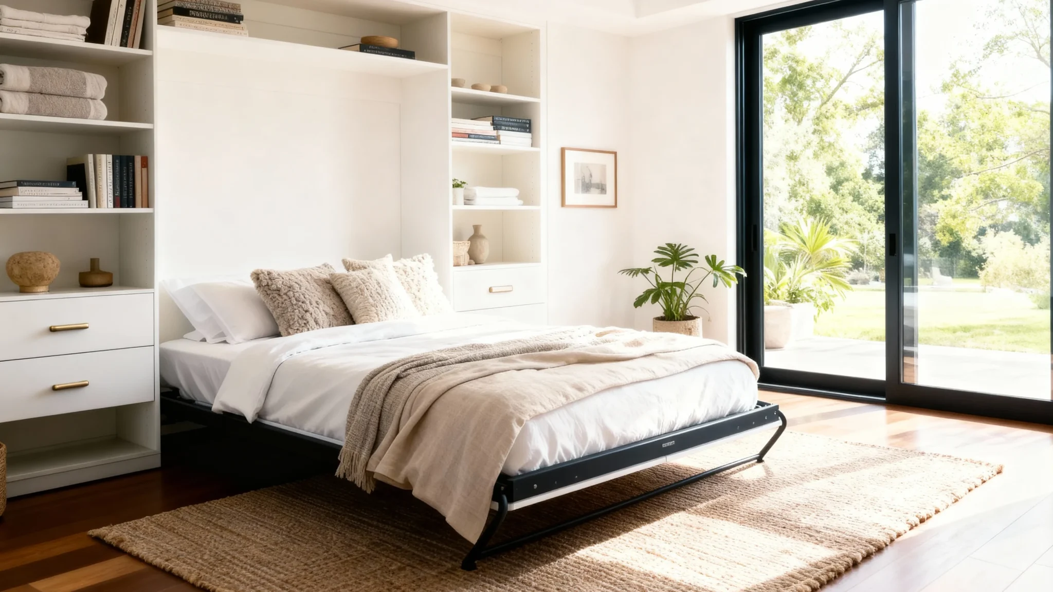 Komandor Murphy bed and integrated closet storage system featuring a wall-mounted folding bed mechanism in a bright, modern interior. The custom space-saving solution is designed with high-density European thermal-fused laminate in a warm white finish, including built-in shelving and soft-close drawer units with decorative hardware. Engineered for the Greater Toronto Area lifestyle, this hybrid architectural system maximizes functionality in small spaces through millimeter-precise manufacturing and professional-grade steel frames, providing a seamless transition between a functional living area and a luxury bedroom sanctuary.