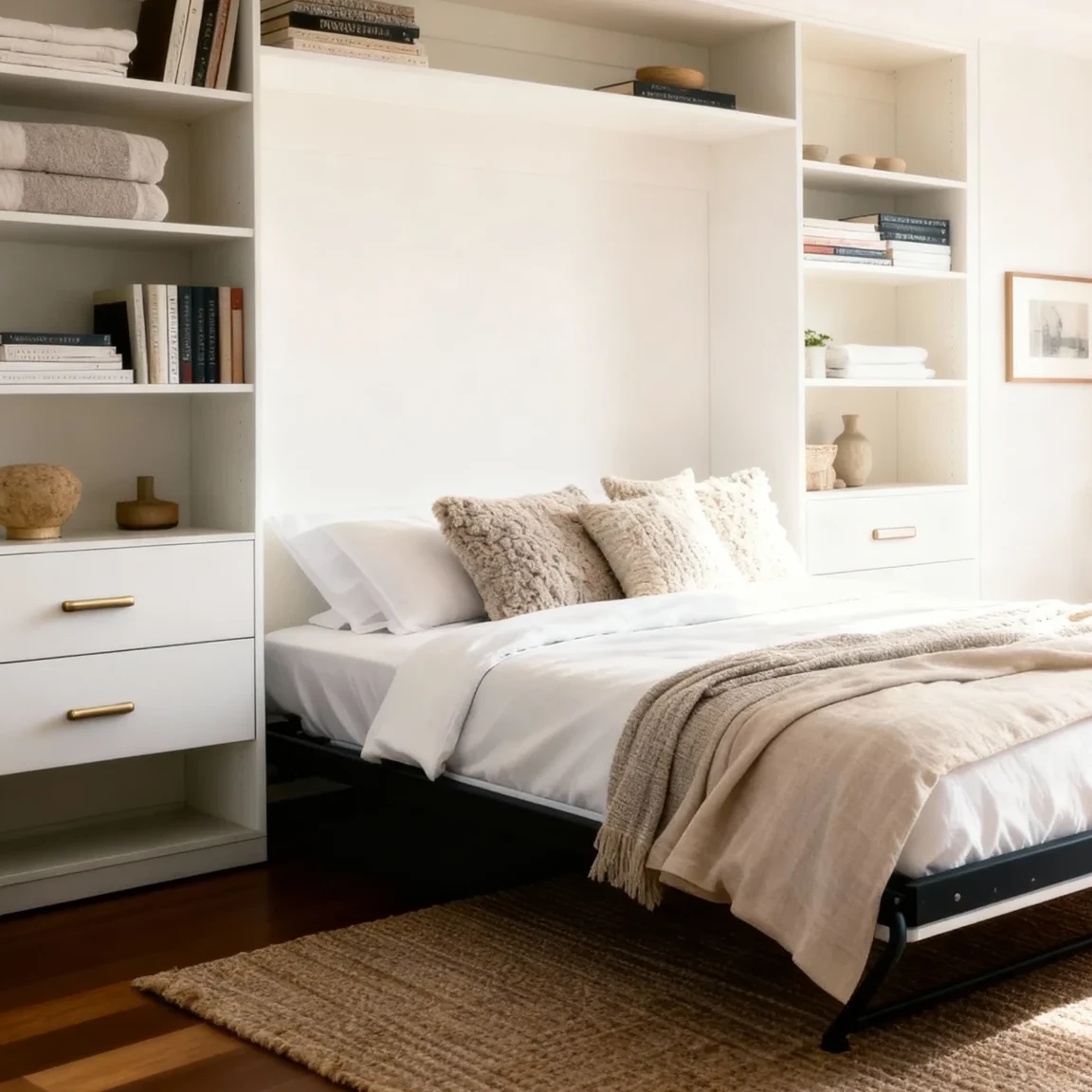 Komandor Murphy bed and space-saving furniture system integrated into a custom closet and built-in workstation. This architectural solution features European-engineered hardware for a seamless fold-away bed mechanism, framed by custom cabinetry manufactured to the nearest 1/32-inch. The system uses high-density European thermal-fused laminate with 1mm ABS impact-resistant edgebanding, providing a durable and millimeter-precise fit for luxury condos. The design maximizes small-space functionality through a hybrid architectural approach that combines sleeping quarters with floor-to-ceiling shelving and customized drawer storage units.