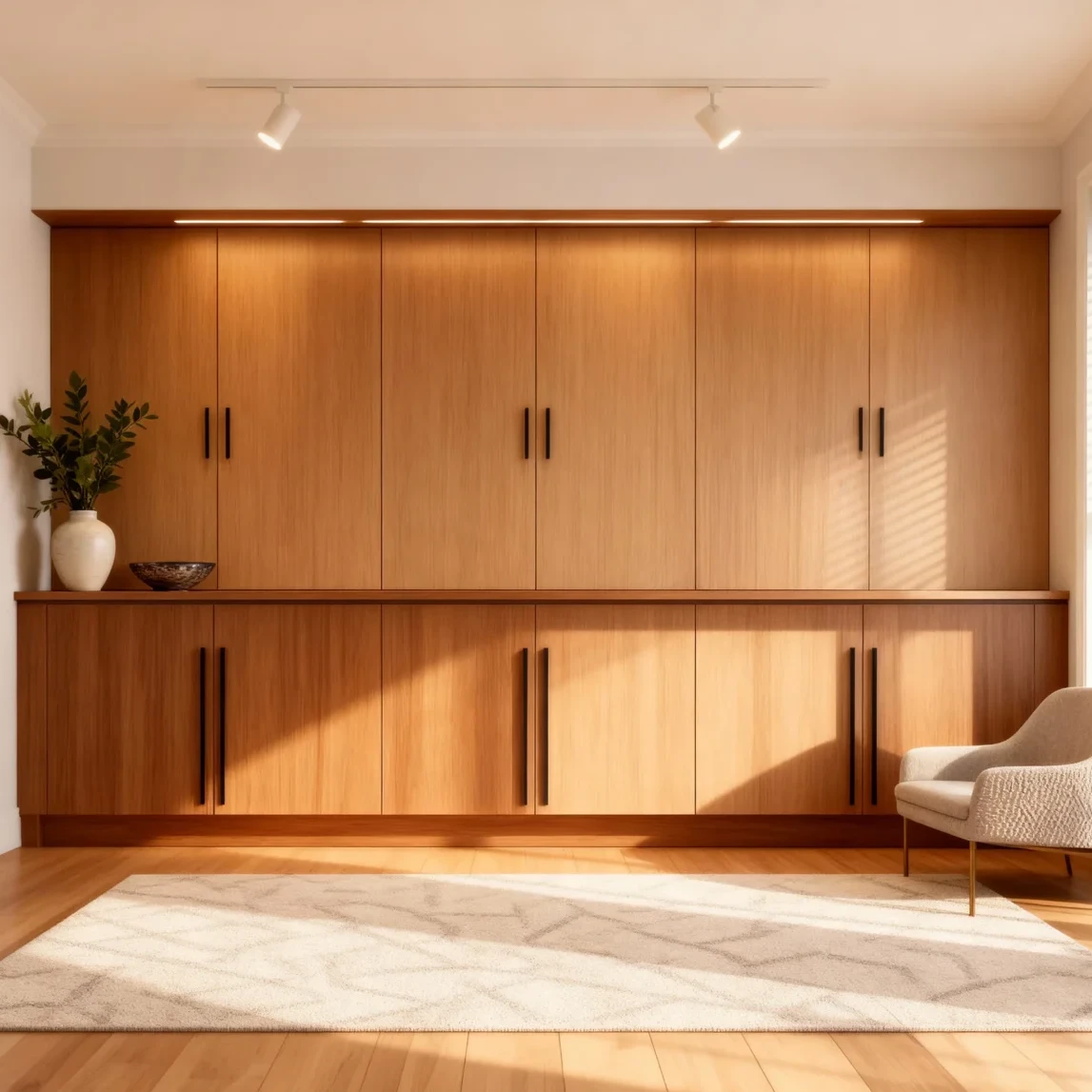 Komandor custom built-in wall unit featuring the Opal hinged cabinet door system in a natural wood-tone European thermal-fused laminate. This floor-to-ceiling architectural storage solution employs frameless cabinet box construction with overlay doors and soft-close hinges, designed to the nearest millimeter for a precise fit. The configuration includes lower cabinetry with a continuous countertop surface and upper storage modules, situated adjacent to a Komandor aluminum-framed sliding partition door.