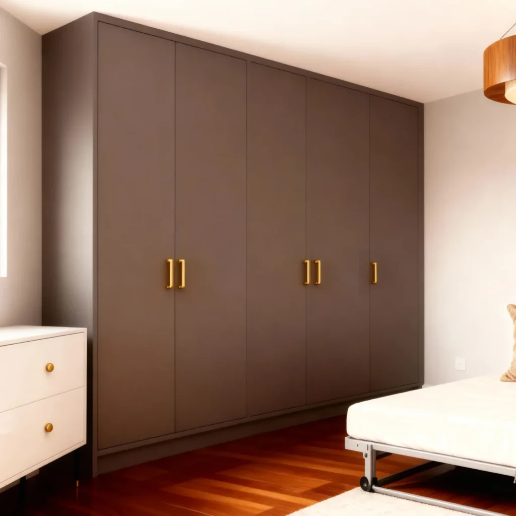 Komandor Opal hinged cabinet door system configured as a floor-to-ceiling built-in wardrobe in a charcoal matte finish. This custom interior solution features millimetre-precise manufacturing to ensure a seamless fit within the architectural space, eliminating the need for bulky filler strips. The unit utilizes a frameless cabinet box construction with overlay slab-style doors and premium gold-tone decorative handles. Engineered as a modern alternative to traditional millwork, this system offers high-end European design tailored for luxury residential storage in Toronto and the GTA.