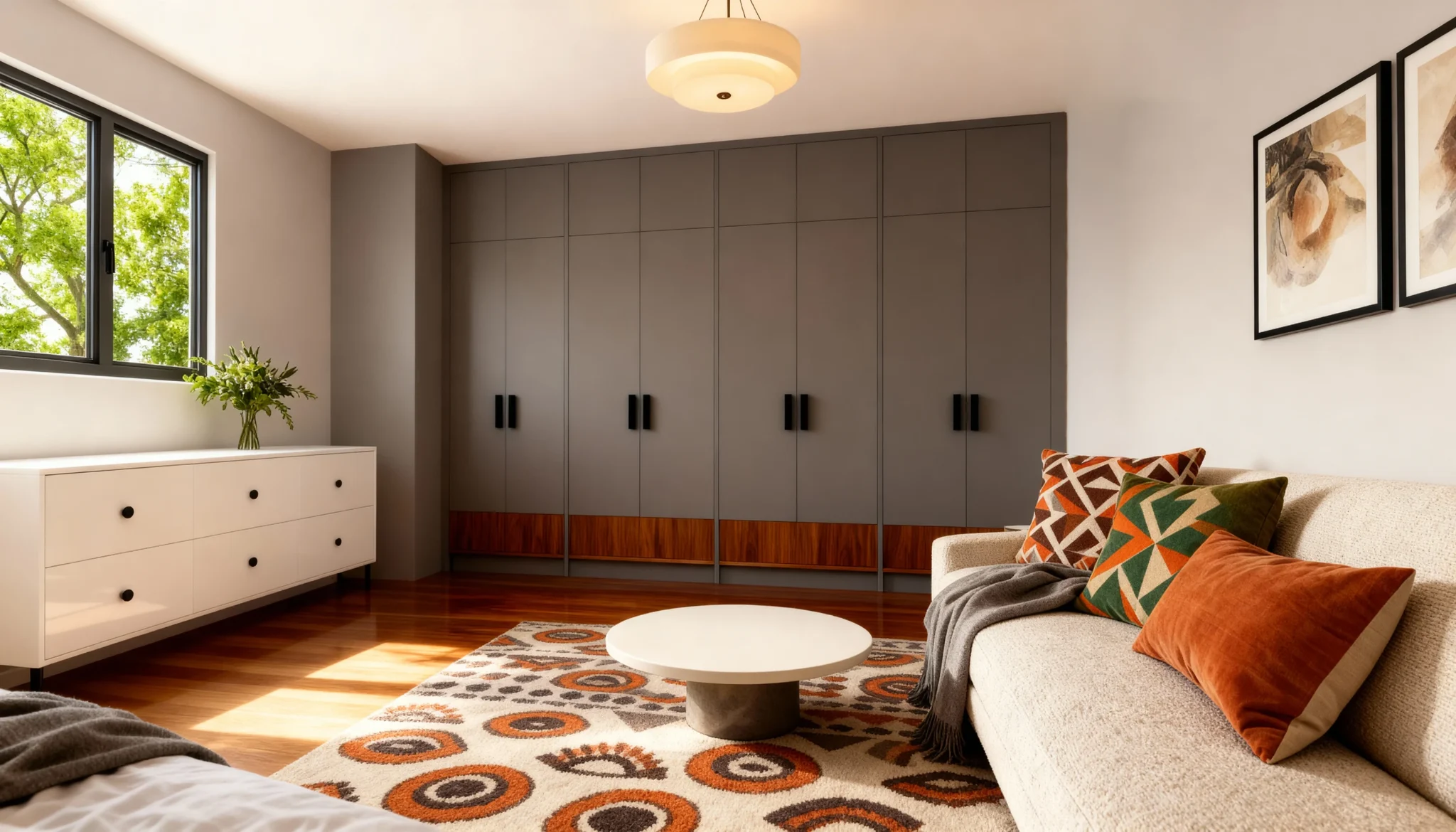 Komandor Opal hinged wardrobe system featuring custom floor-to-ceiling built-in cabinetry with a minimalist frameless aesthetic. The installation utilizes high-density European thermal-fused laminate panels in a charcoal matte finish, precision-manufactured to the millimeter for a seamless fit. This vertical storage solution incorporates vertical black linear handles on overlay cabinet doors and integrated natural wood-tone base accents. The internal engineering relies on high-grade soft-close hinges and rigid structural box construction, offering a high-end architectural alternative to traditional reach-in closet millwork.