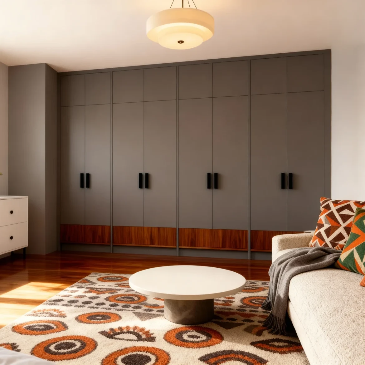 Komandor Opal hinged wardrobe system featuring custom floor-to-ceiling built-in cabinetry with a minimalist frameless aesthetic. The installation utilizes high-density European thermal-fused laminate panels in a charcoal matte finish, precision-manufactured to the millimeter for a seamless fit. This vertical storage solution incorporates vertical black linear handles on overlay cabinet doors and integrated natural wood-tone base accents. The internal engineering relies on high-grade soft-close hinges and rigid structural box construction, offering a high-end architectural alternative to traditional reach-in closet millwork.