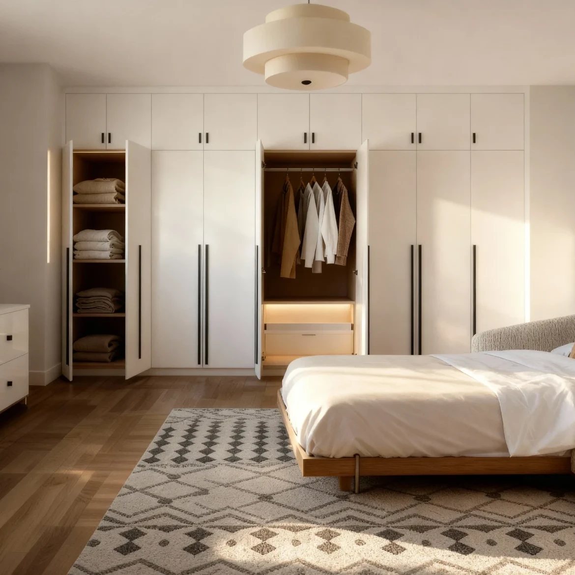 Komandor Opal wardrobe system featuring floor-to-ceiling custom cabinetry and hinged cabinet doors. The installation utilizes millimeter-precise European engineering with a frameless cabinet box construction for a seamless architectural fit. This white slab-style door system includes integrated vertical handles and soft-close hinges, providing a high-end alternative to traditional millwork. Internal configurations feature custom shelving and hanging rods designed to maximize storage density in residential Master Suite applications.