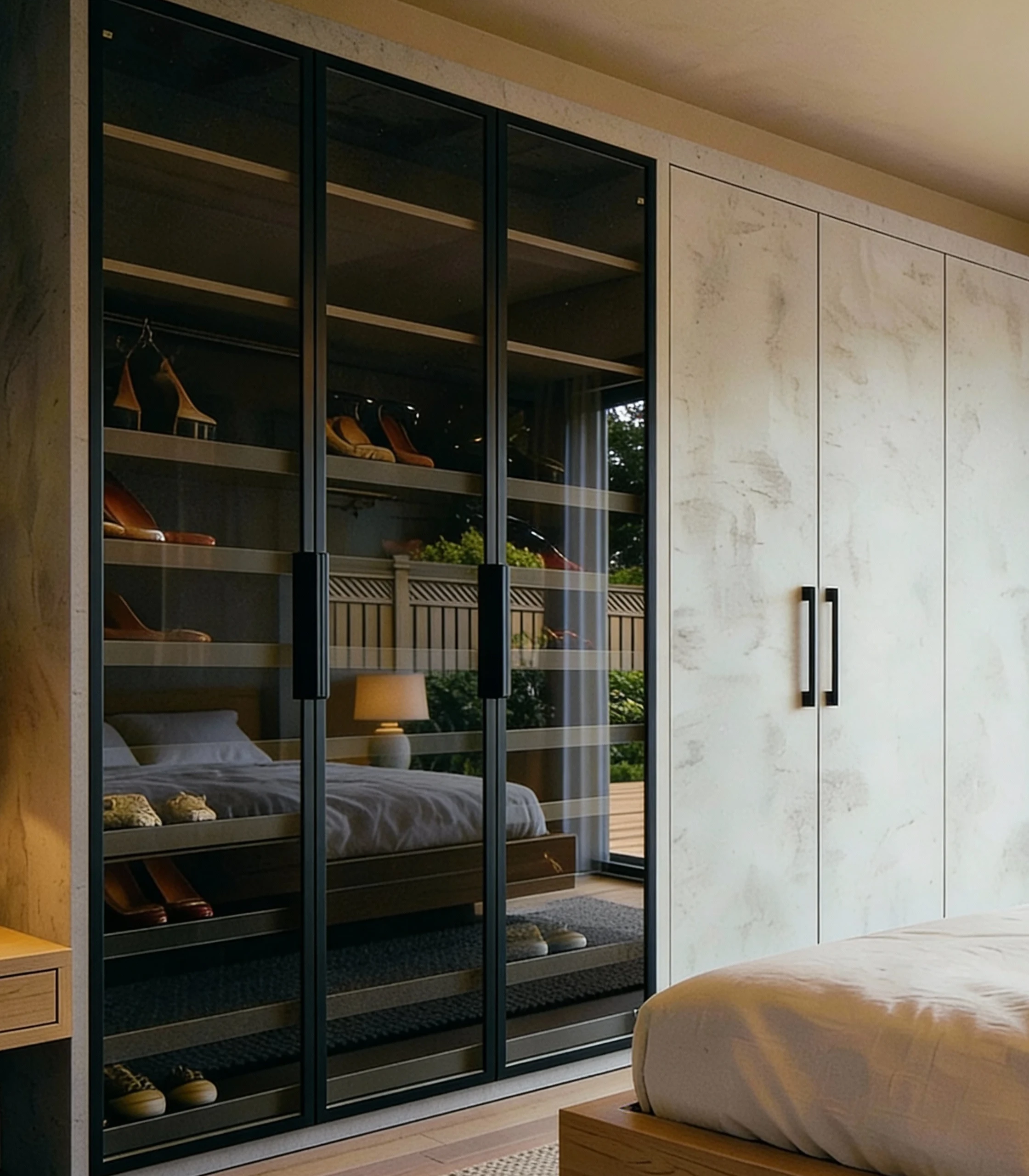 Komandor custom bedroom wardrobe combining the Opal hinged cabinet door system with a specialized glass display module. The unit features a dual-finish configuration: textured European laminate solid doors for concealed storage and black aluminum-framed clear glass doors with integrated LED lighting for displaying shoes and accessories. This floor-to-ceiling hybrid architectural system utilizes precision-engineered soft-close hardware and frameless construction to create a seamless, high-end modern alternative to traditional closet joinery.