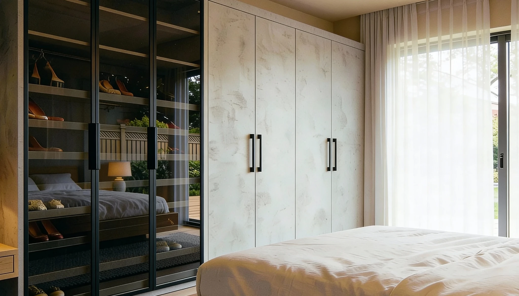 Komandor custom bedroom wardrobe combining the Opal hinged cabinet door system with a specialized glass display module. The unit features a dual-finish configuration: textured European laminate solid doors for concealed storage and black aluminum-framed clear glass doors with integrated LED lighting for displaying shoes and accessories. This floor-to-ceiling hybrid architectural system utilizes precision-engineered soft-close hardware and frameless construction to create a seamless, high-end modern alternative to traditional closet joinery.