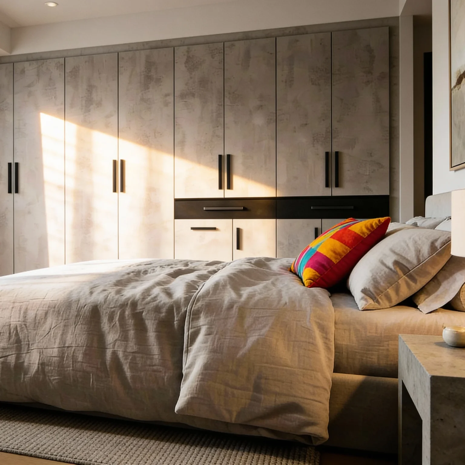 Komandor Opal hinged cabinet door system configured as a custom floor-to-ceiling bedroom wardrobe. The unit features textured European laminate panels with a stone-effect finish and contrasting black decorative handles. This architectural storage solution includes integrated soft-close drawers and frameless cabinet box construction, designed to the nearest millimeter to maximize vertical space as a precision-engineered modern alternative to traditional freestanding armoires.