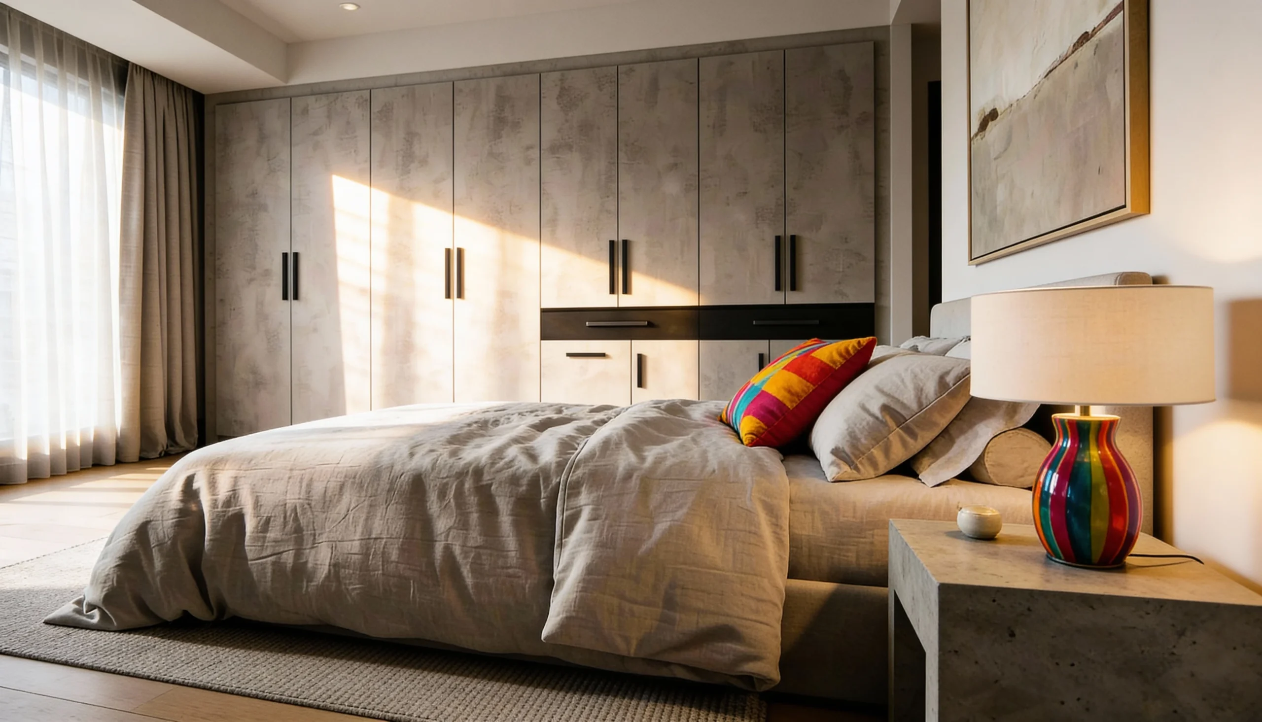 Komandor Opal hinged cabinet door system configured as a custom floor-to-ceiling bedroom wardrobe. The unit features textured European laminate panels with a stone-effect finish and contrasting black decorative handles. This architectural storage solution includes integrated soft-close drawers and frameless cabinet box construction, designed to the nearest millimeter to maximize vertical space as a precision-engineered modern alternative to traditional freestanding armoires.