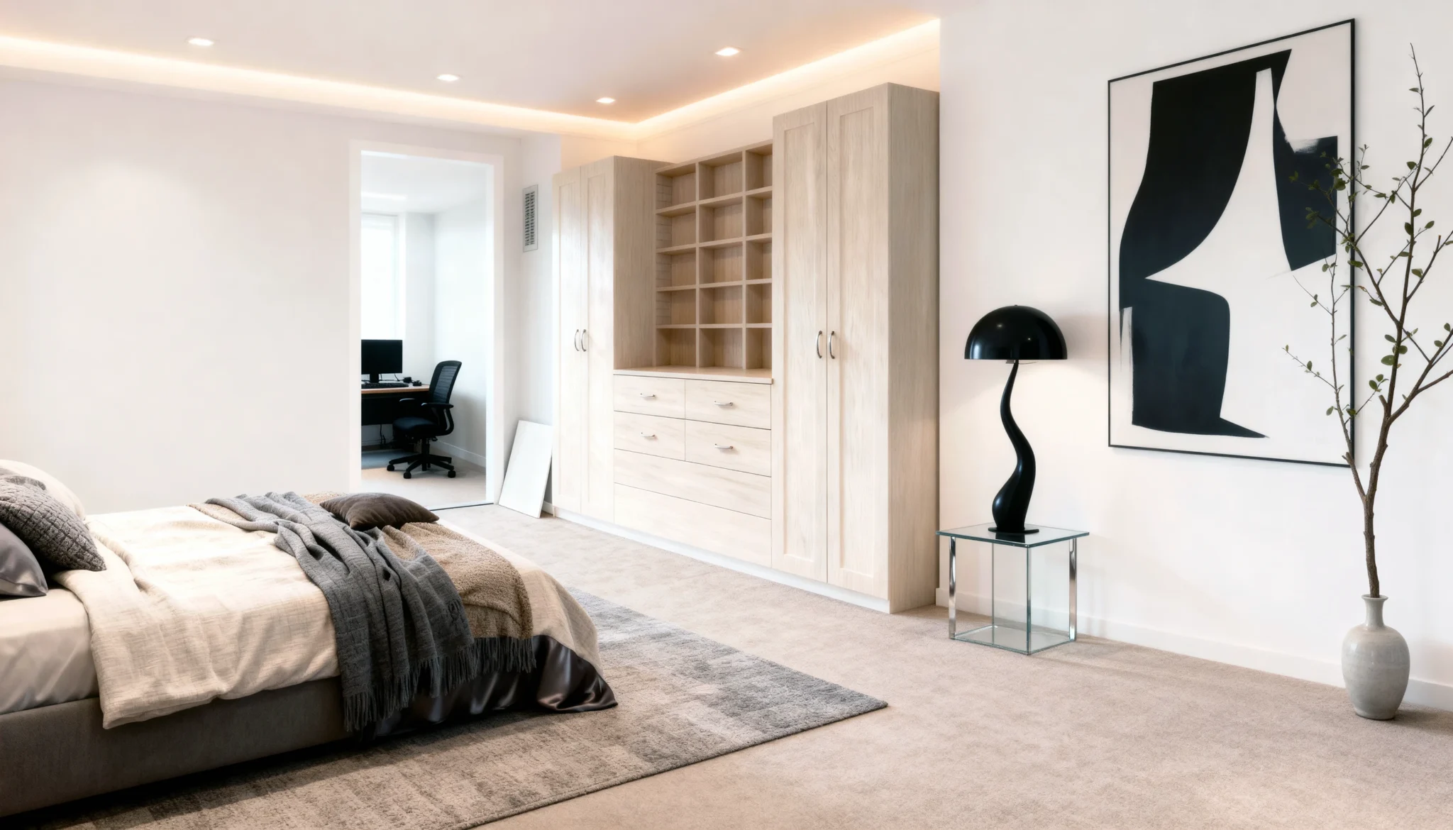 Komandor Opal custom built-in wardrobe and storage system featuring a hybrid configuration of shaker-style solid core hinged doors and integrated open shelving units. The installation is finished in a light textured European laminate, precision-engineered to the nearest 1/32 inch for a seamless floor-to-ceiling fit. This multi-functional system incorporates specialized cabinetry components, including soft-close drawers and organized cubby inserts for accessories. Utilizing frameless cabinet box construction and high-density thermal-fused laminate panels, it provides a durable, structurally superior architectural solution for luxury residential bedroom storage in the Greater Toronto Area.