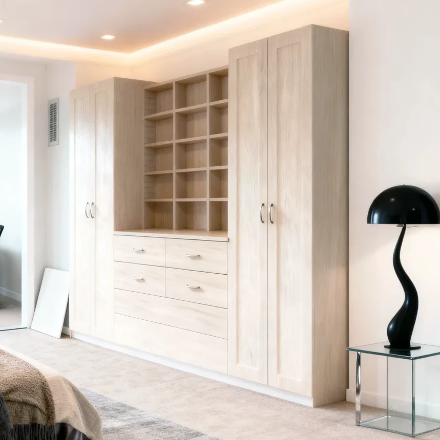 Komandor Opal custom built-in wardrobe and storage system featuring a hybrid configuration of shaker-style solid core hinged doors and integrated open shelving units. The installation is finished in a light textured European laminate, precision-engineered to the nearest 1/32 inch for a seamless floor-to-ceiling fit. This multi-functional system incorporates specialized cabinetry components, including soft-close drawers and organized cubby inserts for accessories. Utilizing frameless cabinet box construction and high-density thermal-fused laminate panels, it provides a durable, structurally superior architectural solution for luxury residential bedroom storage in the Greater Toronto Area.