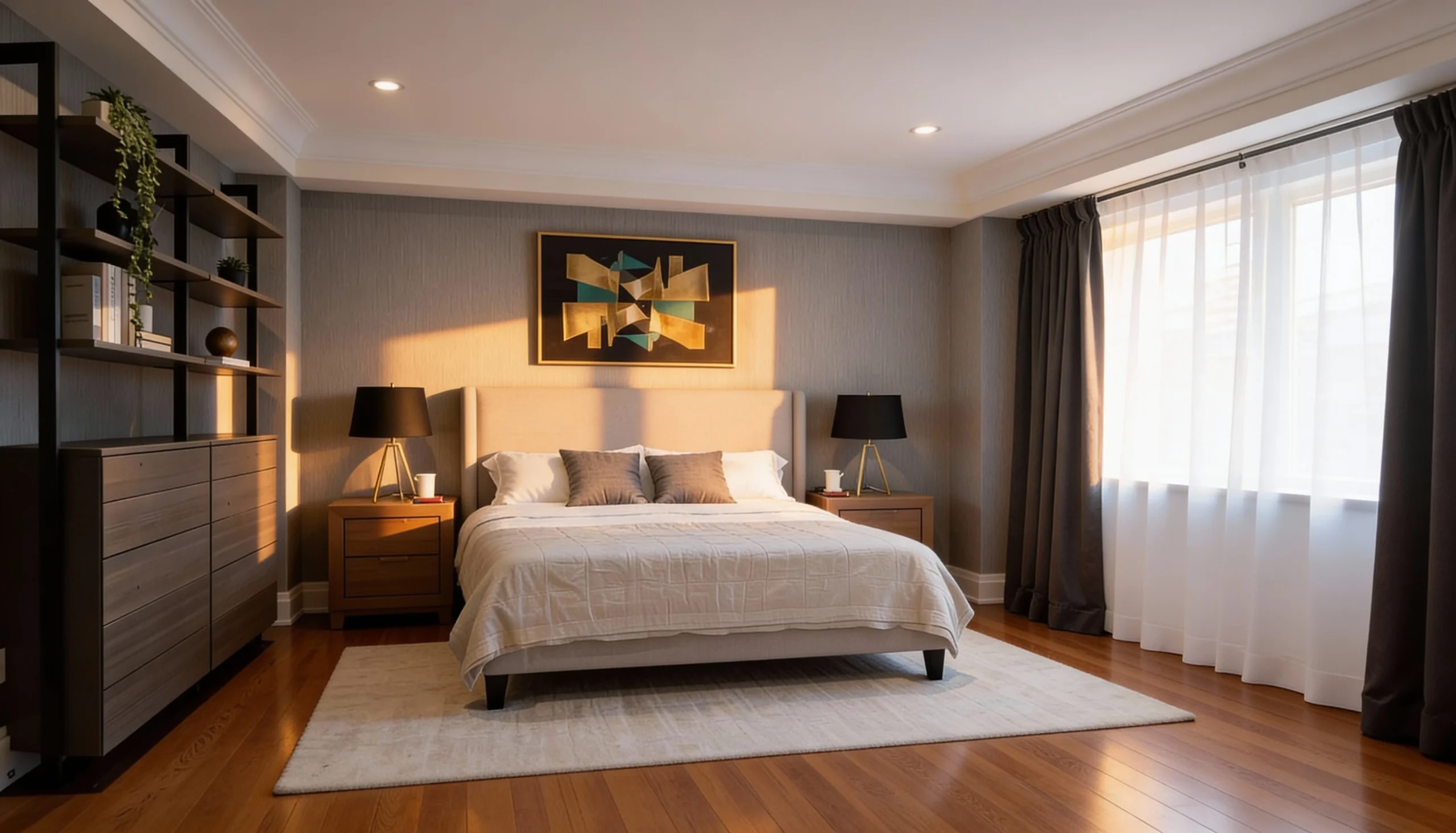 Komandor Orto aluminum profile shelving framework and bedroom storage system. The configuration features vertical black 6063-T5 anodized aluminum columns supporting open adjustable shelves and a lower module of drawers with soft-close mechanisms. This hybrid architectural system utilizes precision-engineered metal hardware and custom low-VOC Euro laminate finishes, providing a visually light, freestanding modern alternative to traditional heavy wood millwork.