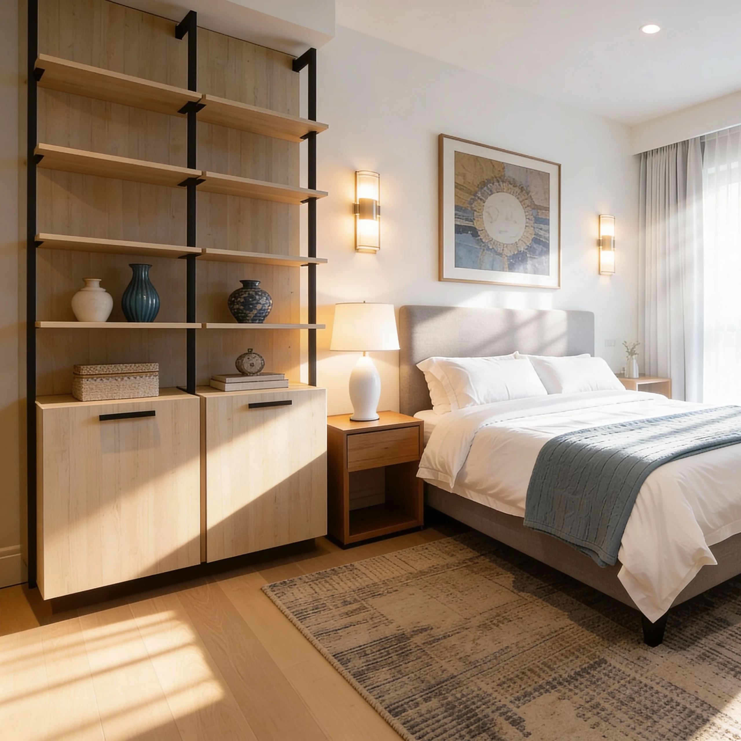 Komandor Orto aluminum profile shelving framework and bedroom display system. The structure utilizes black 6063-T5 anodized aluminum columns to support adjustable floating shelves and lower cabinetry modules without requiring load-bearing backing walls. This hybrid architectural system features precision-engineered metal hardware paired with custom low-VOC Euro laminate finishes, delivering a visually light, structurally rigid storage solution ideal for modern bedroom layouts.