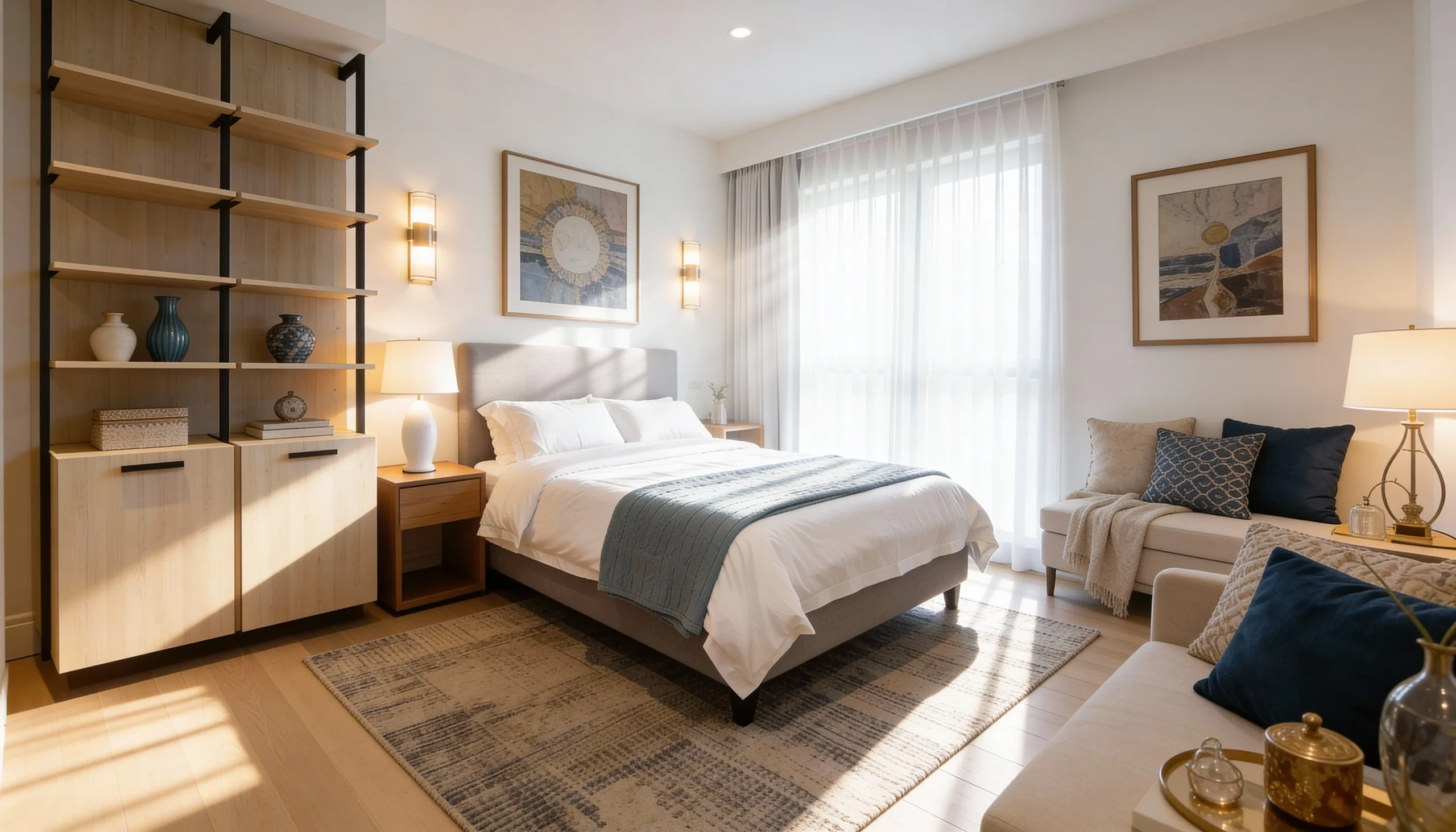 Komandor Orto aluminum profile shelving framework and bedroom display system. The structure utilizes black 6063-T5 anodized aluminum columns to support adjustable floating shelves and lower cabinetry modules without requiring load-bearing backing walls. This hybrid architectural system features precision-engineered metal hardware paired with custom low-VOC Euro laminate finishes, delivering a visually light, structurally rigid storage solution ideal for modern bedroom layouts.