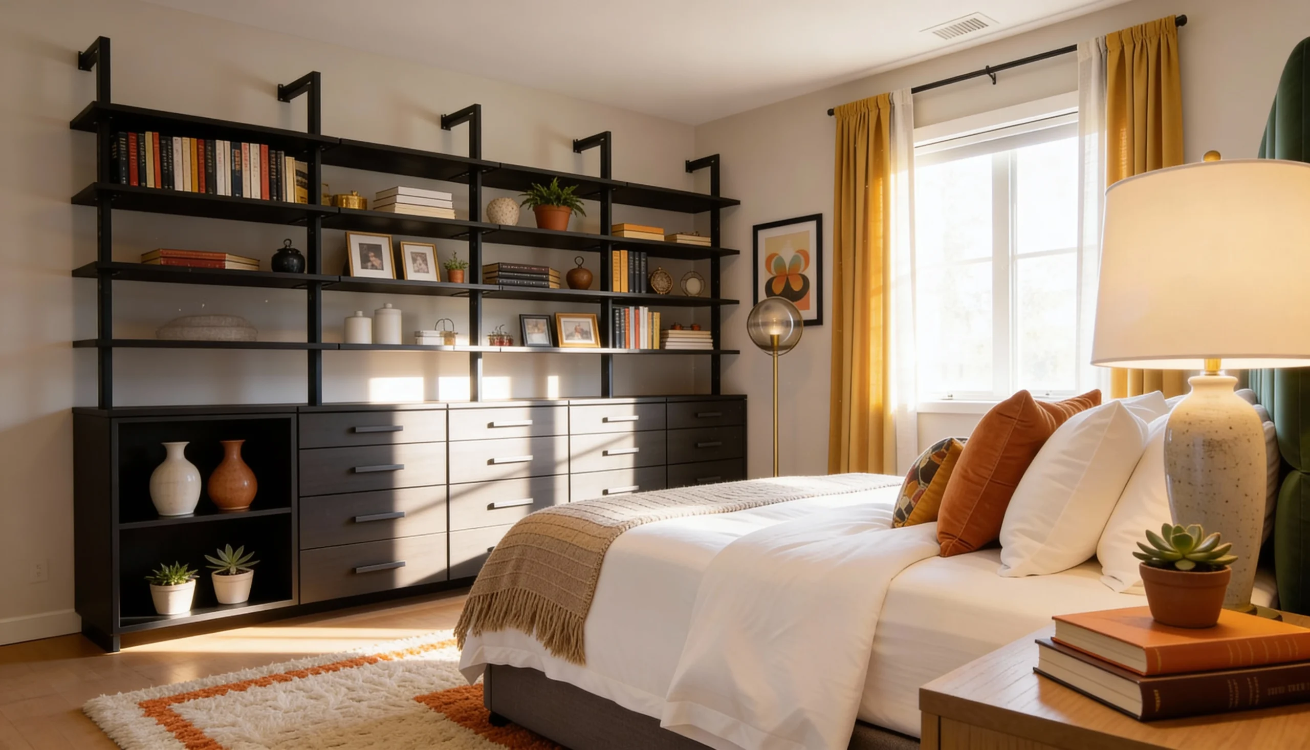 Komandor Orto aluminum profile shelving framework and bedroom wall unit system. The configuration features vertical black 6063-T5 anodized aluminum columns mounted to the wall, supporting adjustable floating shelves and a lower bank of drawers with soft-close full extension slides. This hybrid architectural system combines precision-engineered metal hardware with custom cabinetry, offering a visually light and structurally rigid modern alternative to traditional heavy wood millwork.