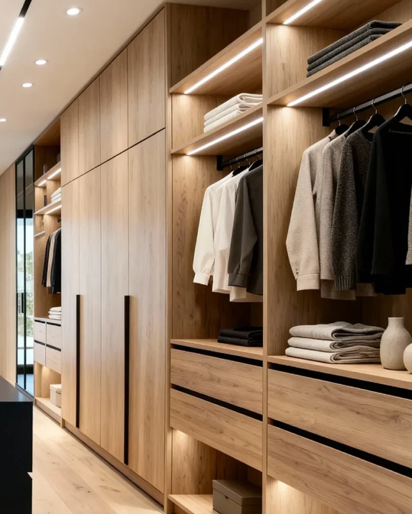 Komandor Orto aluminum-post closet system featuring a floor-to-ceiling architectural framework. The system utilizes 6063-T5 anodized aluminum profiles with integrated LED lighting recessed into the vertical supports for shadow-free illumination. This walk-in wardrobe includes custom European thermal-fused laminate cabinetry and a central black island. The background features a Komandor Lumi aluminum-framed glass partition with fluted architectural glass and a bi-pass sliding door mechanism, showcasing precision millimeter-level customization and high-load capacity engineering.