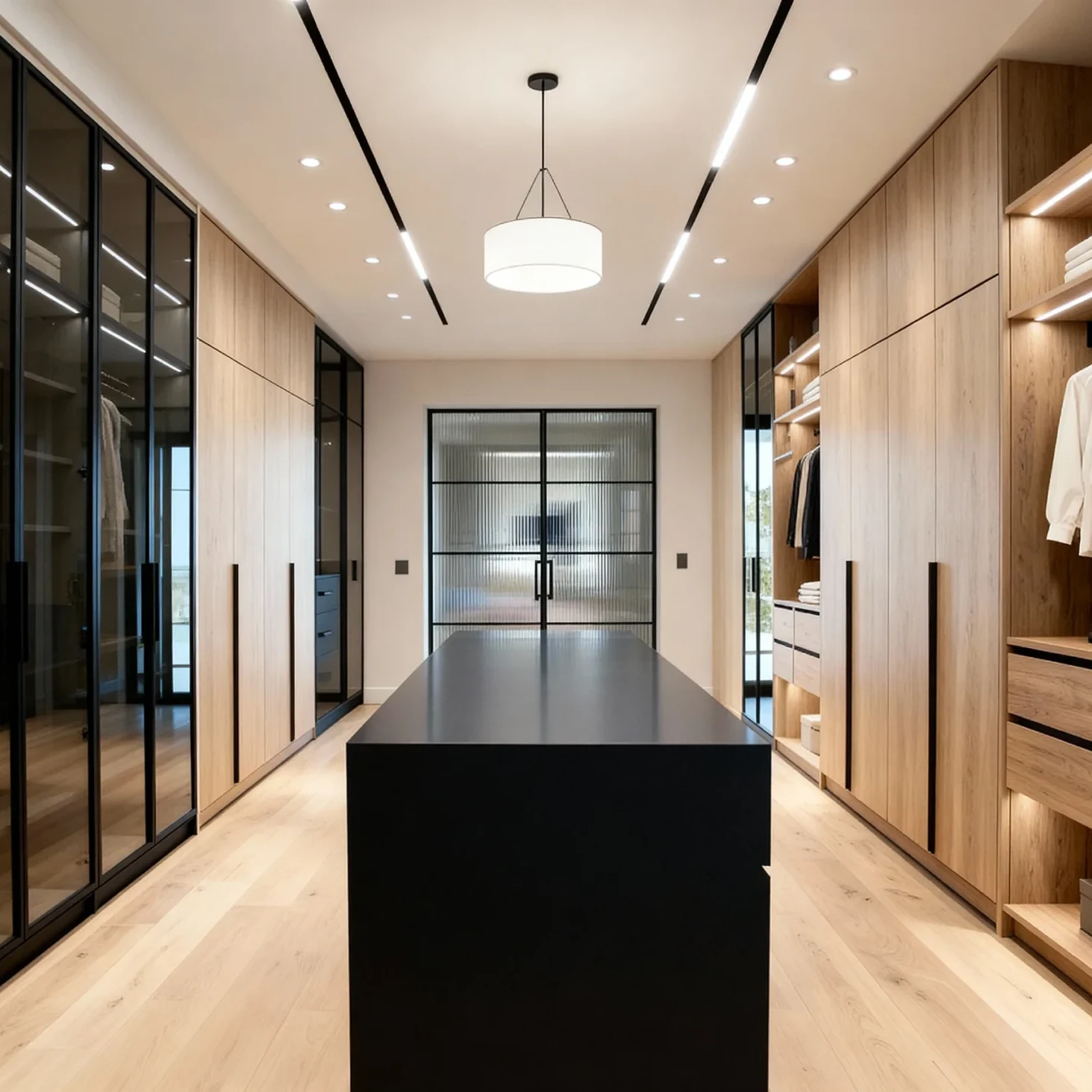 Komandor Orto aluminum-post closet system featuring a floor-to-ceiling architectural framework. The system utilizes 6063-T5 anodized aluminum profiles with integrated LED lighting recessed into the vertical supports for shadow-free illumination. This walk-in wardrobe includes custom European thermal-fused laminate cabinetry and a central black island. The background features a Komandor Lumi aluminum-framed glass partition with fluted architectural glass and a bi-pass sliding door mechanism, showcasing precision millimeter-level customization and high-load capacity engineering.