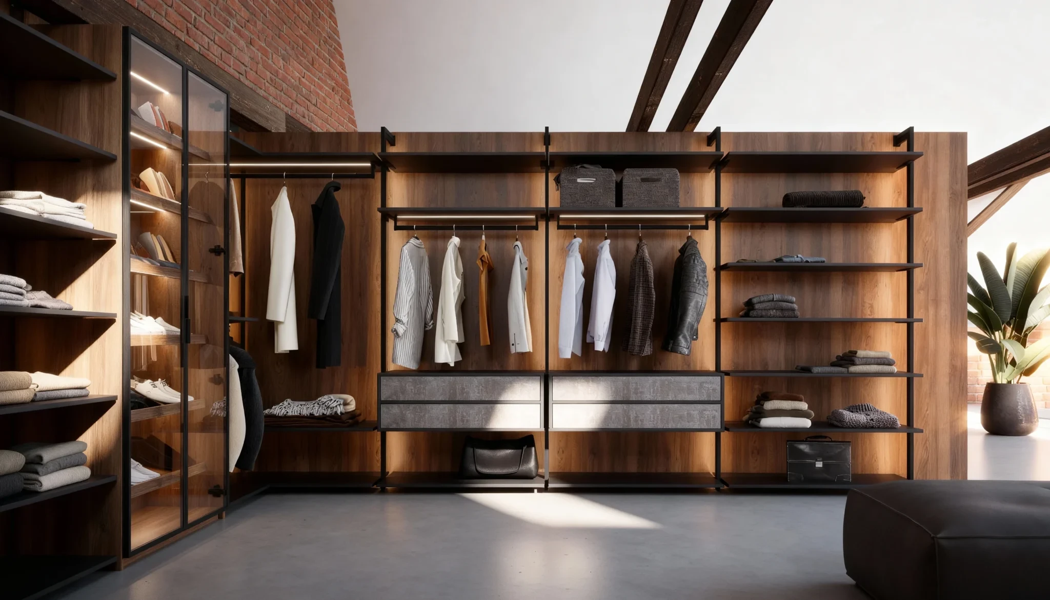 Komandor Orto aluminum-post closet system featuring a modular architectural framework with integrated LED lighting. The Orto system utilizes 6063-T5 anodized aluminum profiles to create a visually light, floor-to-ceiling boutique dressing room. This custom configuration includes high-density 18mm European thermal-fused laminate shelving, soft-close drawers with textured fronts, and an illuminated glass-door display cabinet. The hybrid construction provides superior structural integrity and shadow-free organization for luxury residential master suites.