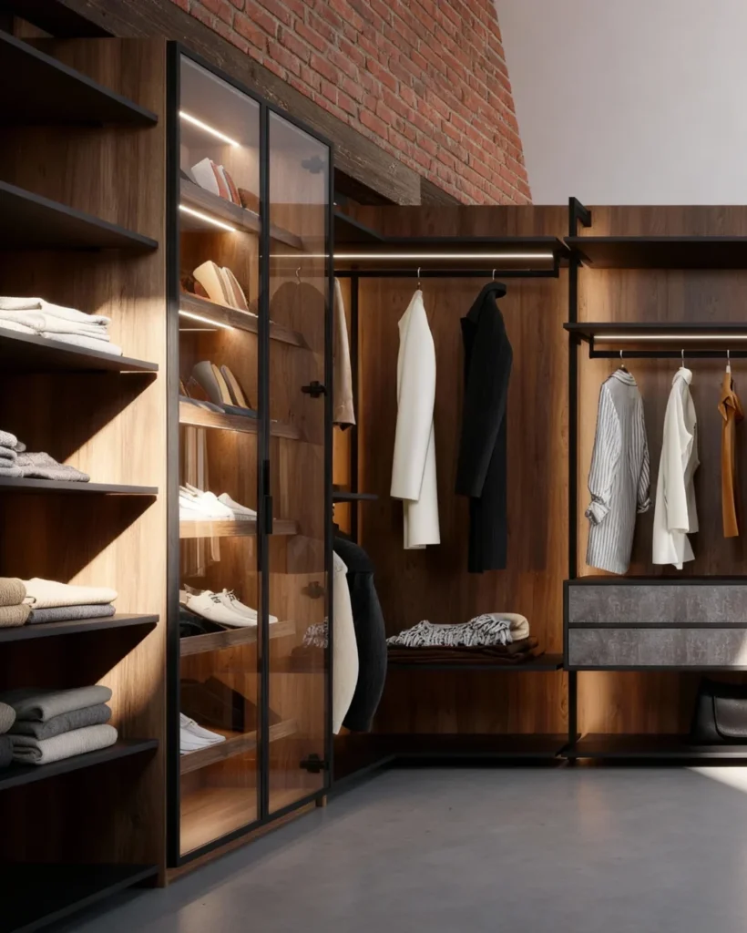 Komandor Orto aluminum-post closet system featuring a modular architectural framework with integrated LED lighting. The Orto system utilizes 6063-T5 anodized aluminum profiles to create a visually light, floor-to-ceiling boutique dressing room. This custom configuration includes high-density 18mm European thermal-fused laminate shelving, soft-close drawers with textured fronts, and an illuminated glass-door display cabinet. The hybrid construction provides superior structural integrity and shadow-free organization for luxury residential master suites.