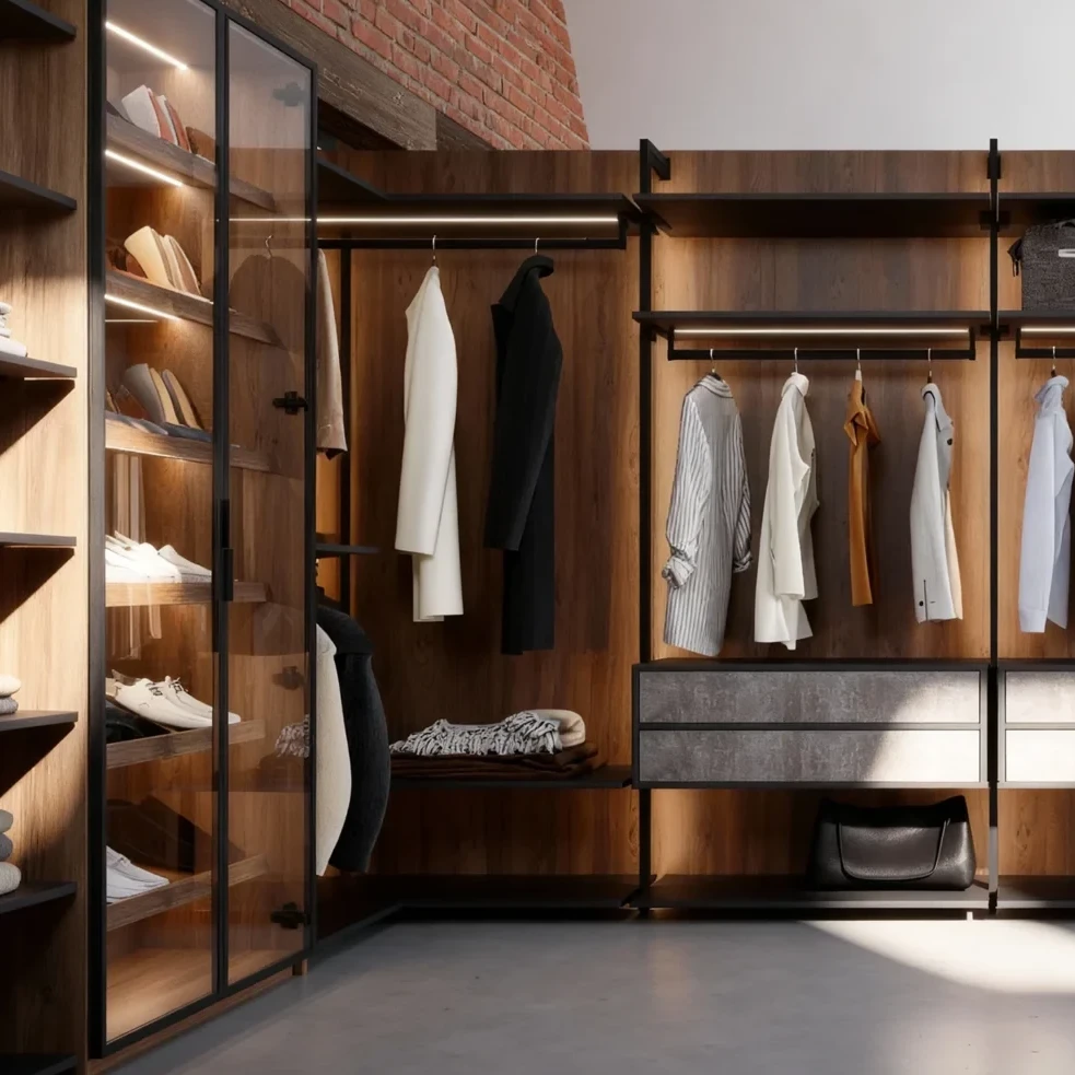 Komandor Orto aluminum-post closet system featuring a modular architectural framework with integrated LED lighting. The Orto system utilizes 6063-T5 anodized aluminum profiles to create a visually light, floor-to-ceiling boutique dressing room. This custom configuration includes high-density 18mm European thermal-fused laminate shelving, soft-close drawers with textured fronts, and an illuminated glass-door display cabinet. The hybrid construction provides superior structural integrity and shadow-free organization for luxury residential master suites.