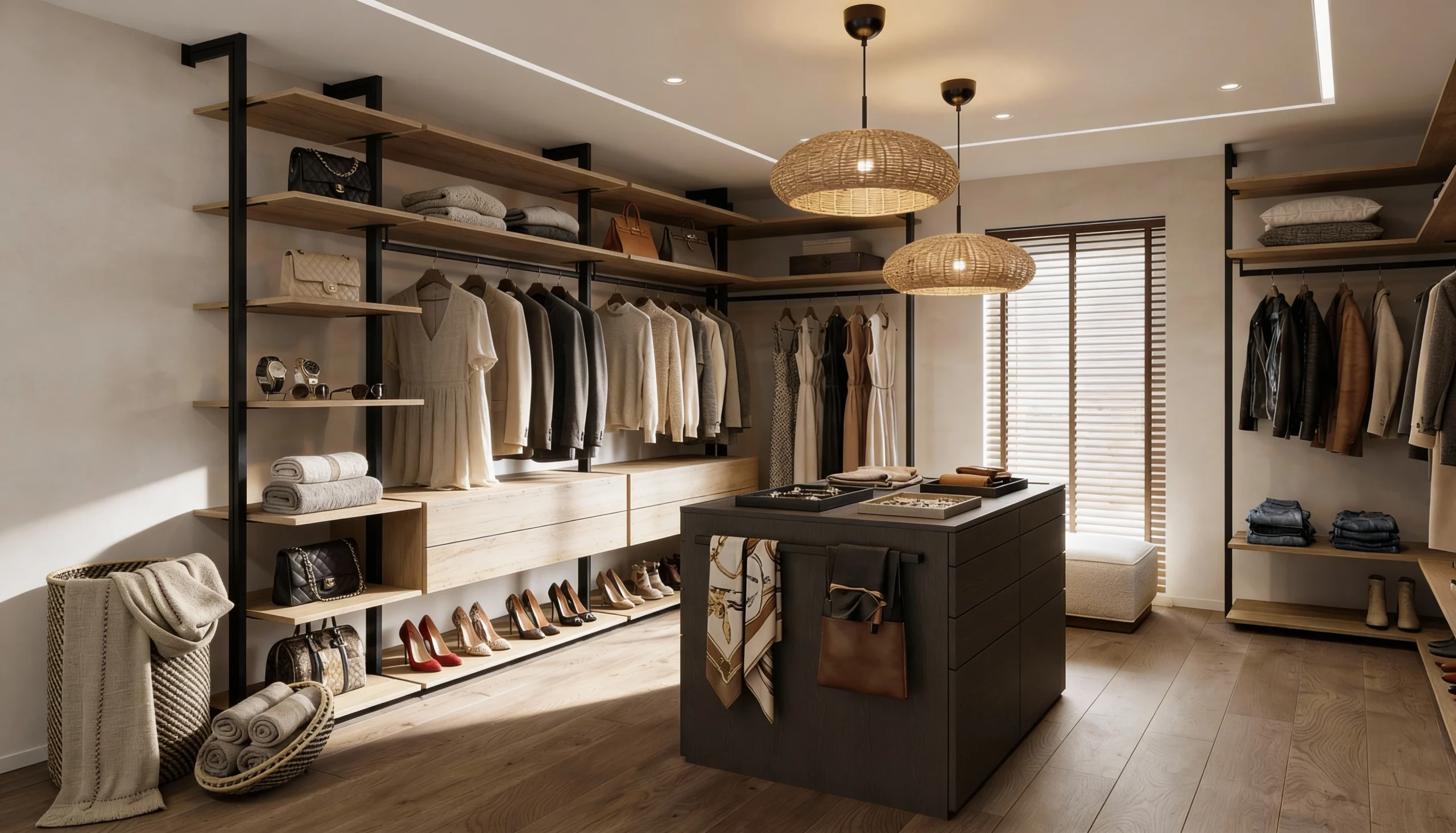 Komandor Orto aluminum profile shelving framework and walk-in closet system featuring floor-to-ceiling black aluminum posts. The open-concept design incorporates natural wood-tone laminate shelves and floating drawer units with soft-close hardware. This architectural storage solution maximizes vertical space with adjustable hanging rods and shoe display shelves, anchored by a central dark laminate island for accessory organization, demonstrating the system's modularity and structural rigidity.