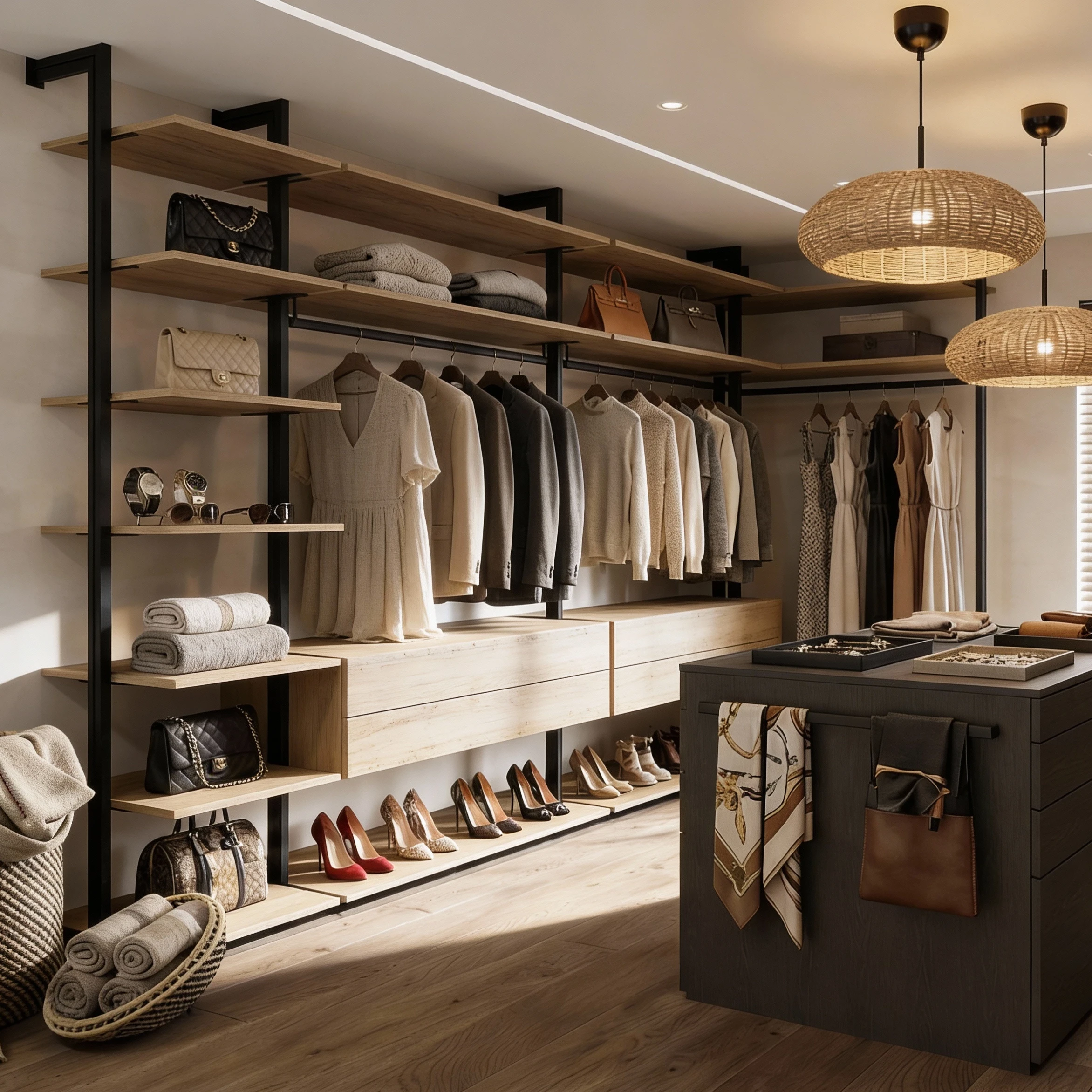 Komandor Orto aluminum profile shelving framework and walk-in closet system featuring floor-to-ceiling black aluminum posts. The open-concept design incorporates natural wood-tone laminate shelves and floating drawer units with soft-close hardware. This architectural storage solution maximizes vertical space with adjustable hanging rods and shoe display shelves, anchored by a central dark laminate island for accessory organization, demonstrating the system's modularity and structural rigidity.