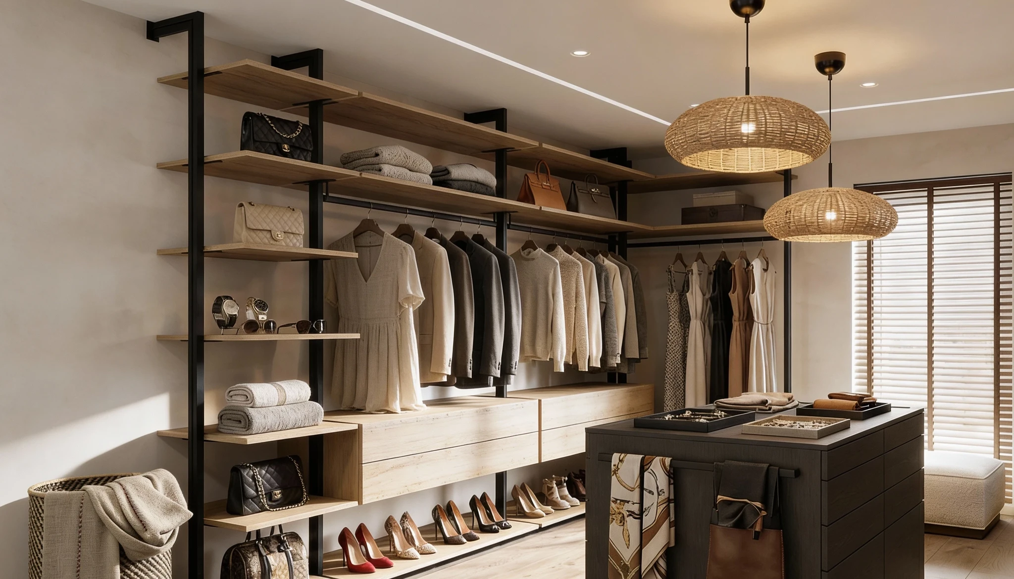 Komandor Orto aluminum profile shelving framework and walk-in closet system featuring floor-to-ceiling black aluminum posts. The open-concept design incorporates natural wood-tone laminate shelves and floating drawer units with soft-close hardware. This architectural storage solution maximizes vertical space with adjustable hanging rods and shoe display shelves, anchored by a central dark laminate island for accessory organization, demonstrating the system's modularity and structural rigidity.