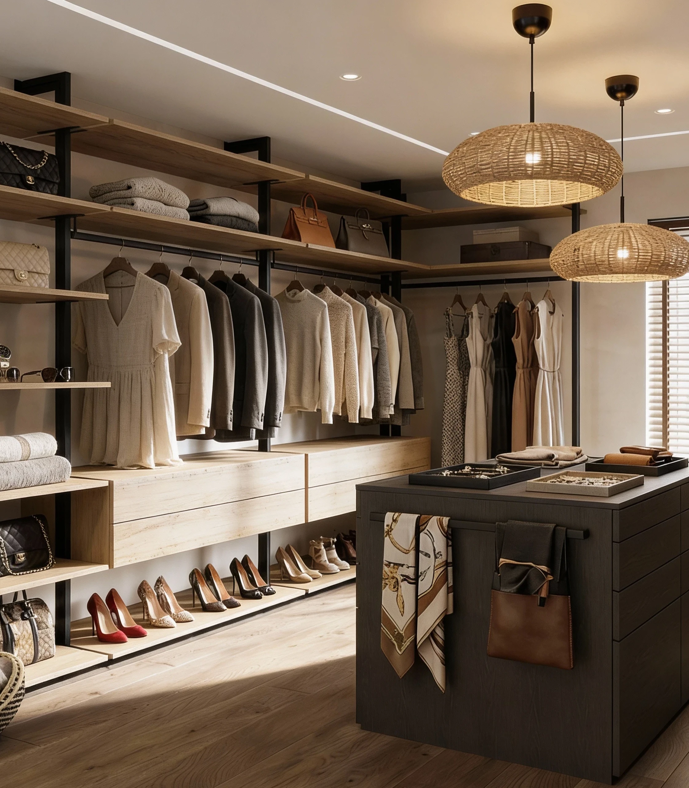 Komandor Orto aluminum profile shelving framework and walk-in closet system featuring floor-to-ceiling black aluminum posts. The open-concept design incorporates natural wood-tone laminate shelves and floating drawer units with soft-close hardware. This architectural storage solution maximizes vertical space with adjustable hanging rods and shoe display shelves, anchored by a central dark laminate island for accessory organization, demonstrating the system's modularity and structural rigidity.