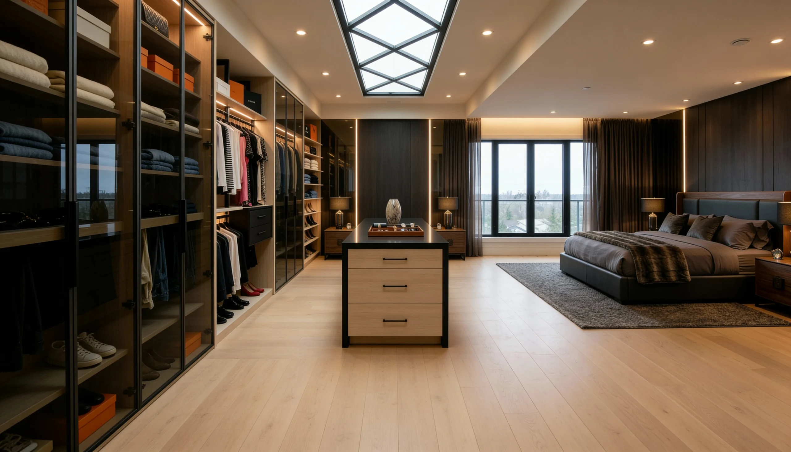 Komandor Orto aluminum profile shelving framework and architectural room divider system configured in a floor-to-ceiling layout. The structure utilizes 6063-T5 anodized aluminum columns to support adjustable floating shelves and cabinetry modules without requiring load-bearing backing walls. This hybrid architectural system features precision-engineered metal hardware paired with custom 10mm low-VOC Euro laminate finishes, delivering a visually light, structurally rigid storage solution that functions as a modern alternative to traditional heavy wood millwork.