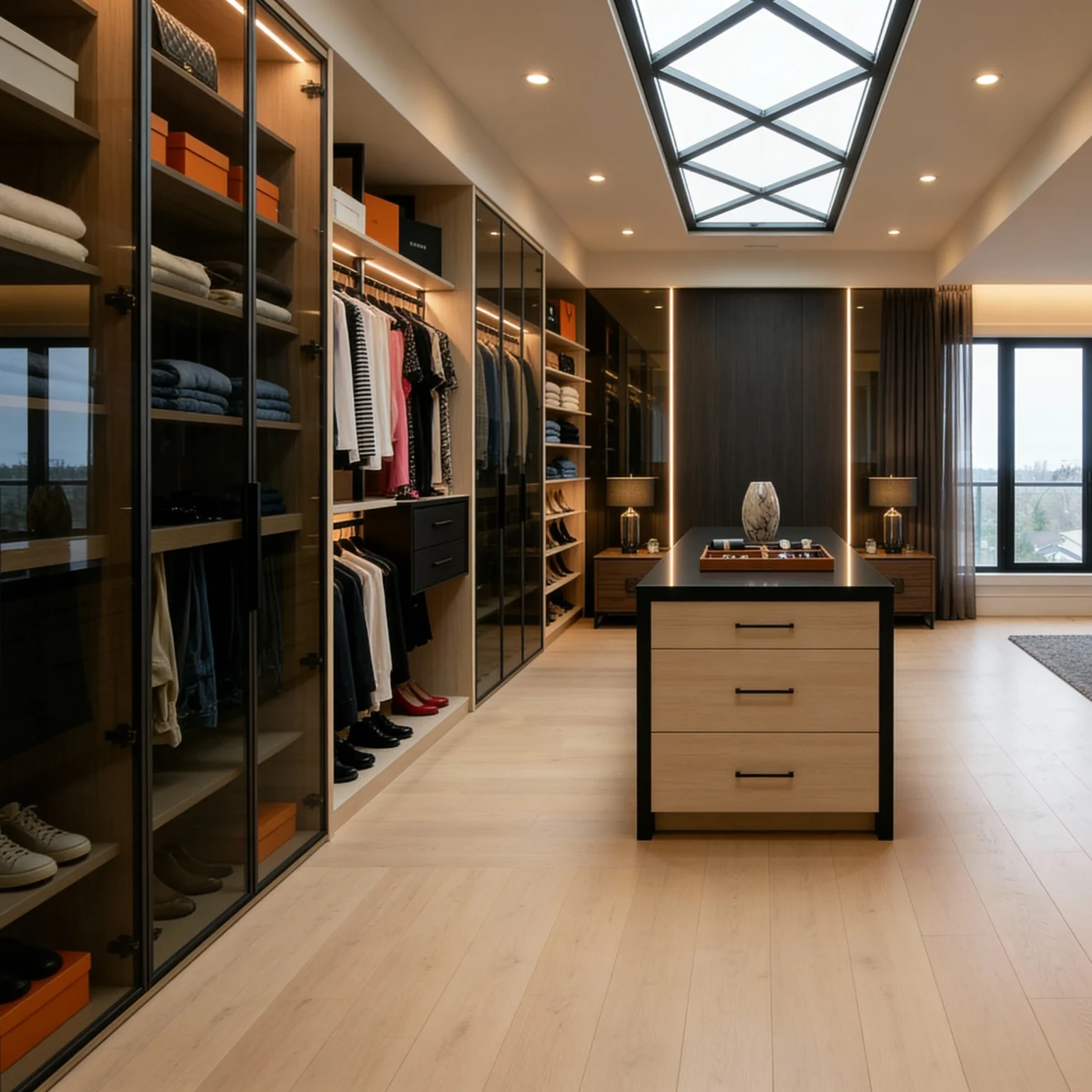 Komandor Orto aluminum profile shelving framework and architectural room divider system configured in a floor-to-ceiling layout. The structure utilizes 6063-T5 anodized aluminum columns to support adjustable floating shelves and cabinetry modules without requiring load-bearing backing walls. This hybrid architectural system features precision-engineered metal hardware paired with custom 10mm low-VOC Euro laminate finishes, delivering a visually light, structurally rigid storage solution that functions as a modern alternative to traditional heavy wood millwork.