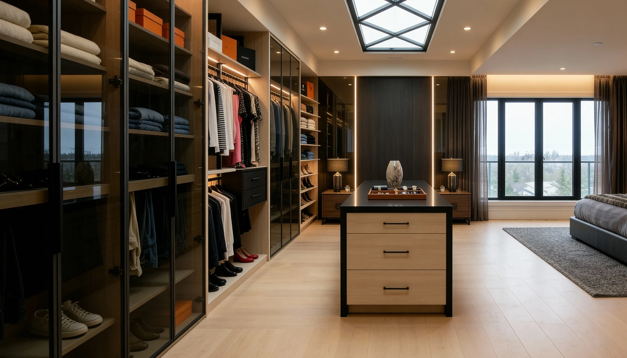 Komandor Orto aluminum profile shelving framework and architectural room divider system configured in a floor-to-ceiling layout. The structure utilizes 6063-T5 anodized aluminum columns to support adjustable floating shelves and cabinetry modules without requiring load-bearing backing walls. This hybrid architectural system features precision-engineered metal hardware paired with custom 10mm low-VOC Euro laminate finishes, delivering a visually light, structurally rigid storage solution that functions as a modern alternative to traditional heavy wood millwork.