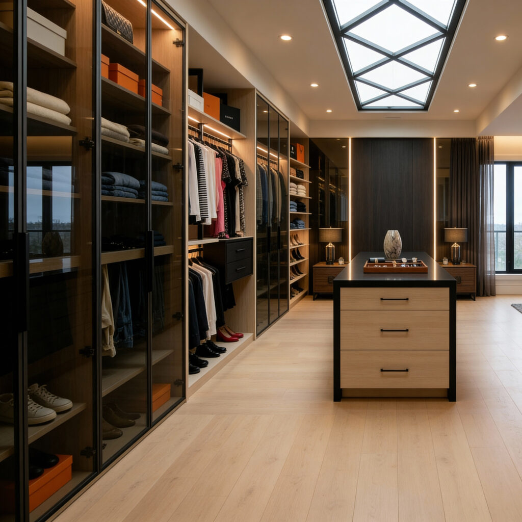 Komandor Orto aluminum profile shelving framework and architectural room divider system configured in a floor-to-ceiling layout. The structure utilizes 6063-T5 anodized aluminum columns to support adjustable floating shelves and cabinetry modules without requiring load-bearing backing walls. This hybrid architectural system features precision-engineered metal hardware paired with custom 10mm low-VOC Euro laminate finishes, delivering a visually light, structurally rigid storage solution that functions as a modern alternative to traditional heavy wood millwork.