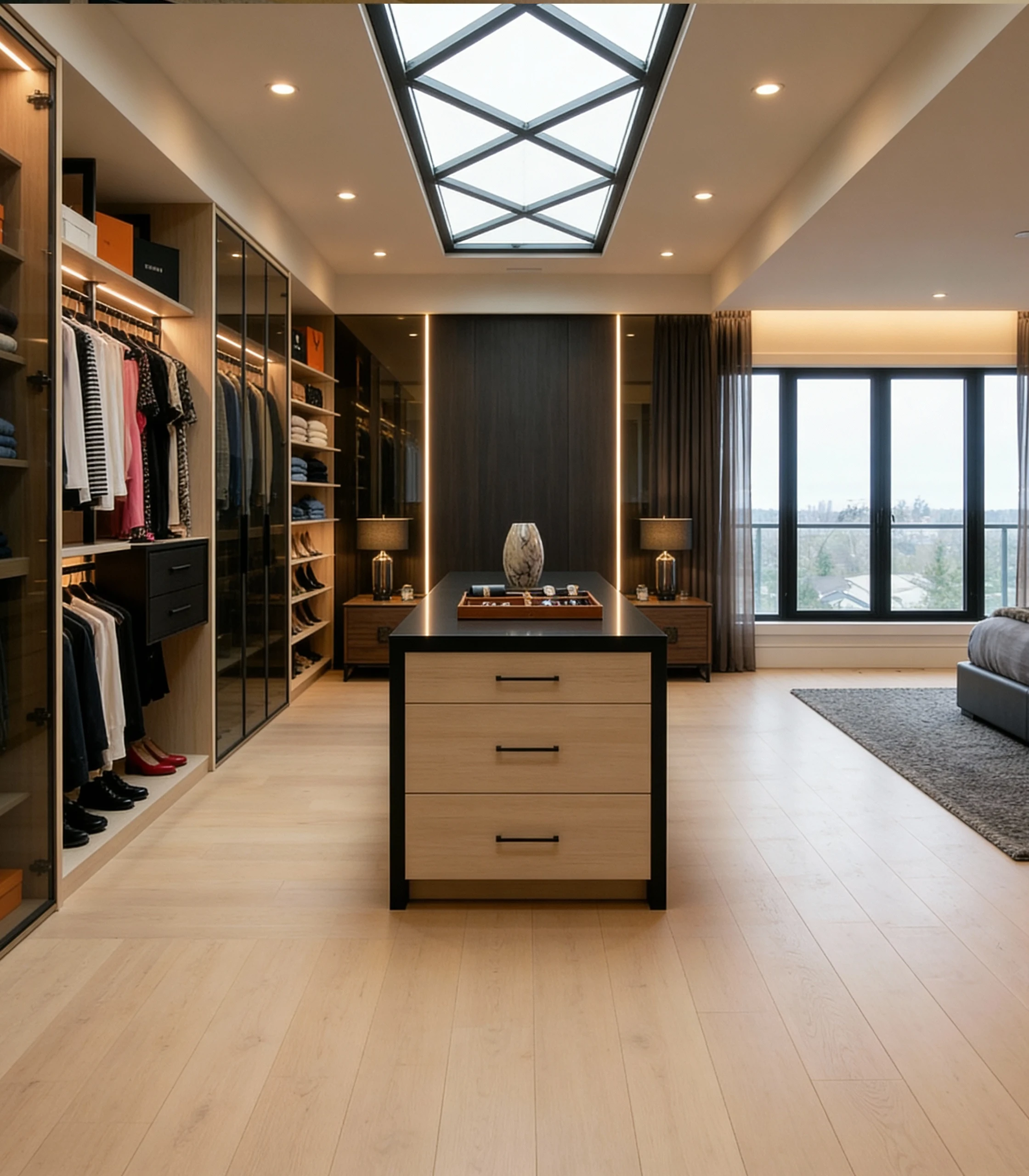 Komandor Orto aluminum profile shelving framework and architectural room divider system configured in a floor-to-ceiling layout. The structure utilizes 6063-T5 anodized aluminum columns to support adjustable floating shelves and cabinetry modules without requiring load-bearing backing walls. This hybrid architectural system features precision-engineered metal hardware paired with custom 10mm low-VOC Euro laminate finishes, delivering a visually light, structurally rigid storage solution that functions as a modern alternative to traditional heavy wood millwork.