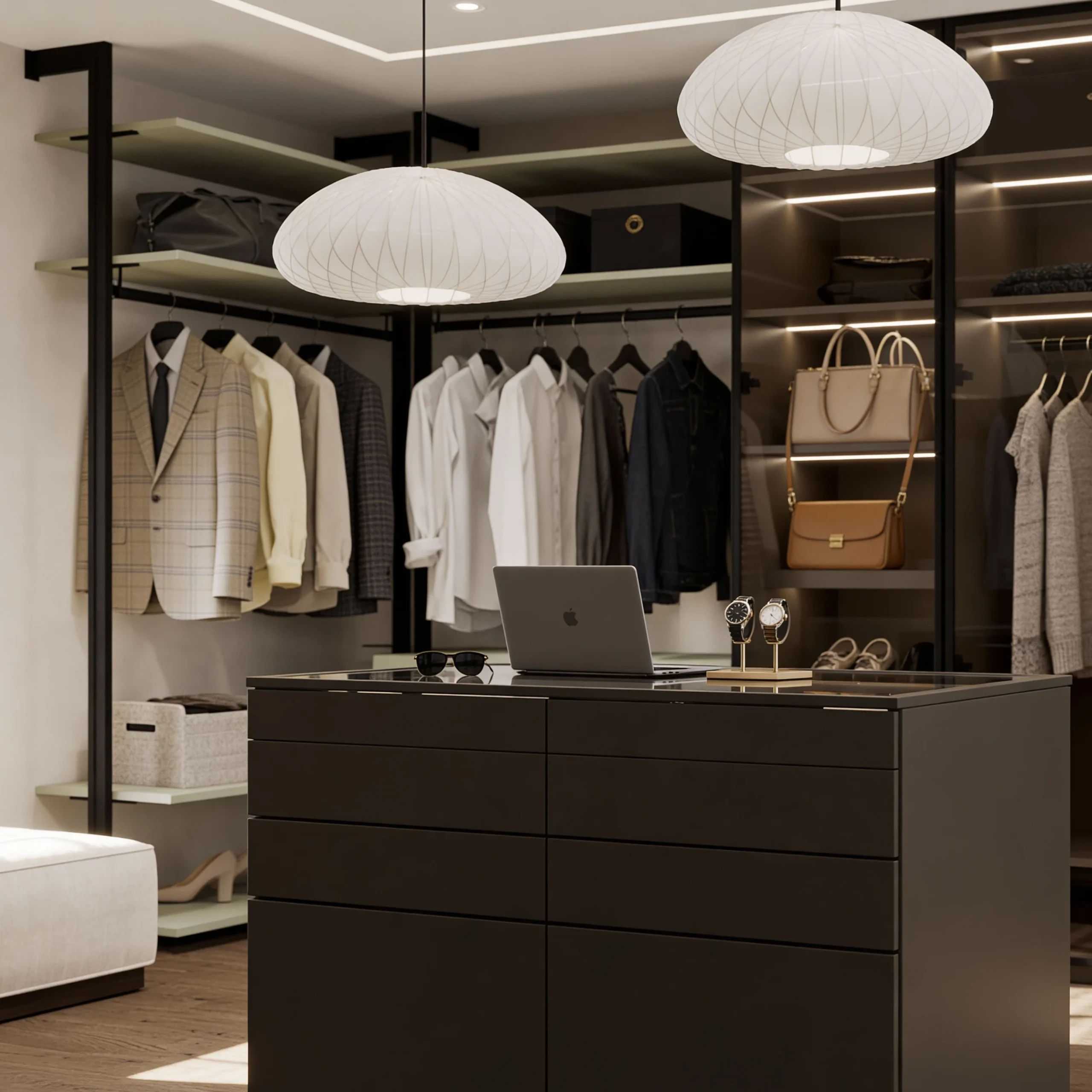 Komandor luxury walk-in closet featuring the Orto aluminum shelving system with an open vertical post framework and adjustable shelves. The design includes a contrasting glass-enclosed wardrobe unit with integrated LED lighting recessed into the aluminum profiles to illuminate hanging garments. A central custom island with deep soft-close drawers provides additional storage, showcasing the hybrid architectural furniture approach combining industrial-grade aluminum with high-end laminate finishes.