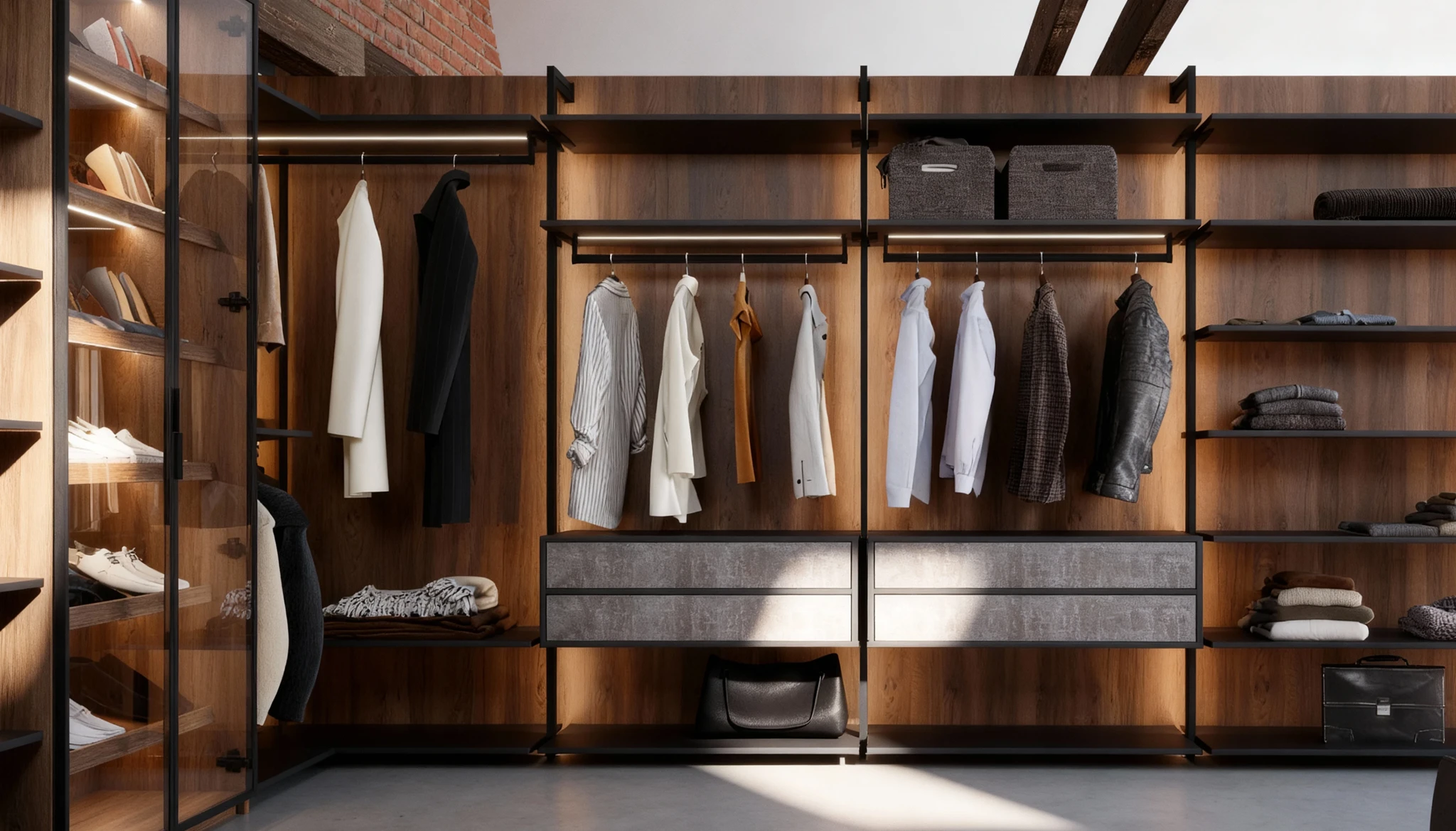 Komandor Orto aluminum profile shelving framework configured as a luxury walk-in closet system. The design utilizes vertical black 6063-T5 anodized aluminum columns to support dark European laminate shelving with integrated recessed LED lighting strips for shadow-free illumination. The layout features open hanging sections, textured soft-close drawers, and a distinct aluminum-framed glass display cabinet, creating a high-end hybrid architectural solution that replaces traditional solid wood millwork.