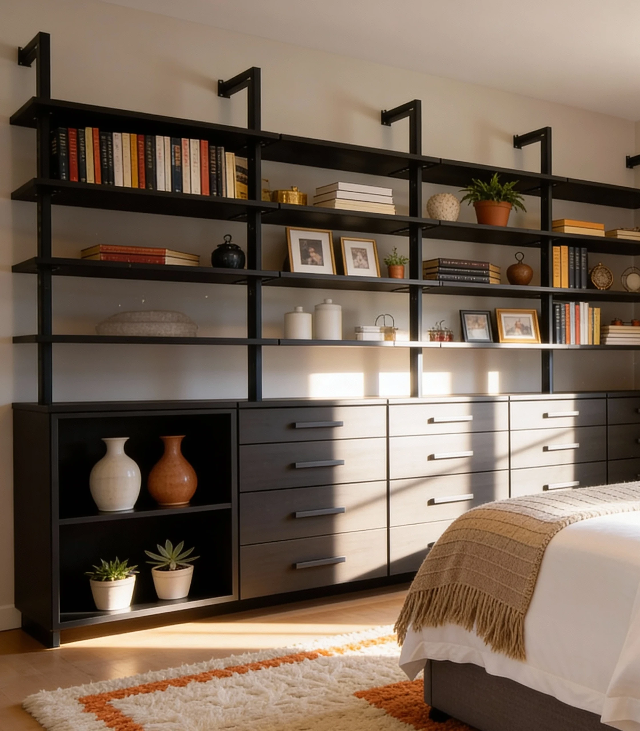 Komandor Orto aluminum profile shelving framework configured as a comprehensive bedroom wall unit. The system utilizes vertical black 6063-T5 anodized aluminum columns to support adjustable open shelving and a continuous bank of lower drawers with soft-close slides. This hybrid architectural design pairs precision metal engineering with dark Euro laminate finishes, creating a structurally rigid, visually light storage solution that serves as a modern alternative to traditional bulky millwork.