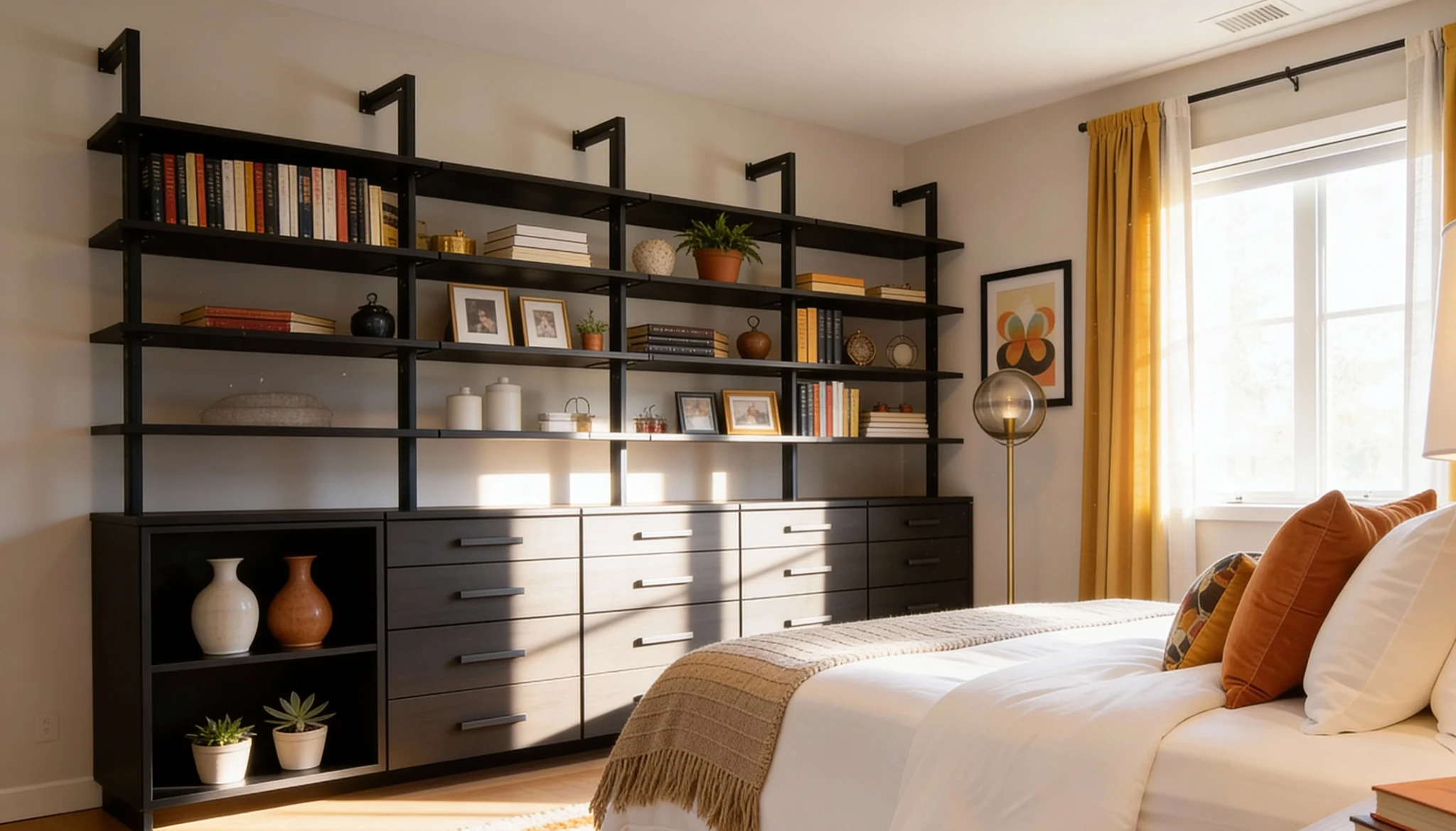 Komandor Orto aluminum profile shelving framework configured as a comprehensive bedroom wall unit. The system utilizes vertical black 6063-T5 anodized aluminum columns to support adjustable open shelving and a continuous bank of lower drawers with soft-close slides. This hybrid architectural design pairs precision metal engineering with dark Euro laminate finishes, creating a structurally rigid, visually light storage solution that serves as a modern alternative to traditional bulky millwork.