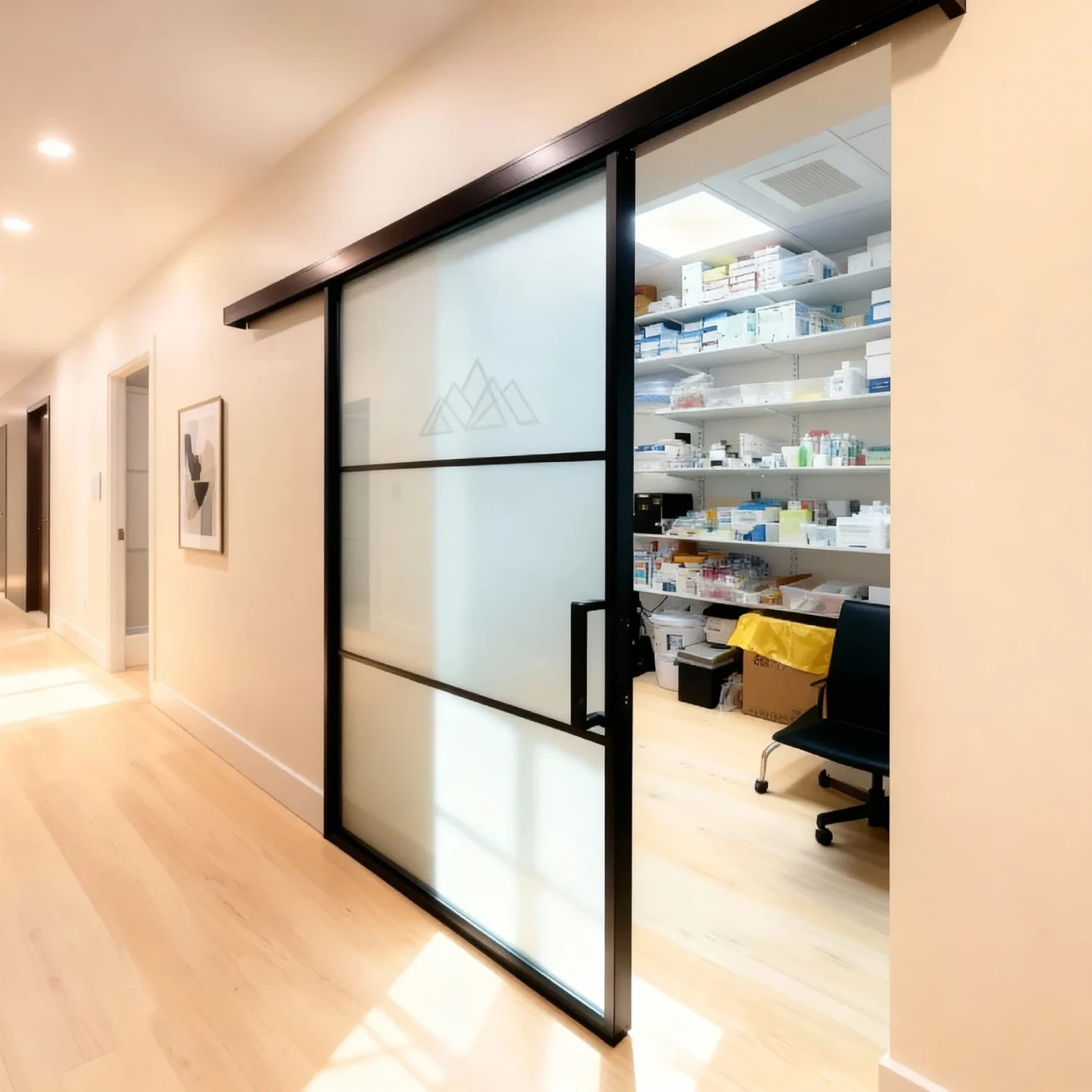 Komandor custom aluminum sliding barn door designed for medical office storage privacy. The system utilizes a top-hung wall-mounted track to support a matte black aluminum frame with horizontal mullions. Fitted with frosted tempered safety glass inserts, the door obscures contents while allowing light transmission, offering a hygienic and space-saving alternative to traditional swing doors in clinical environments.