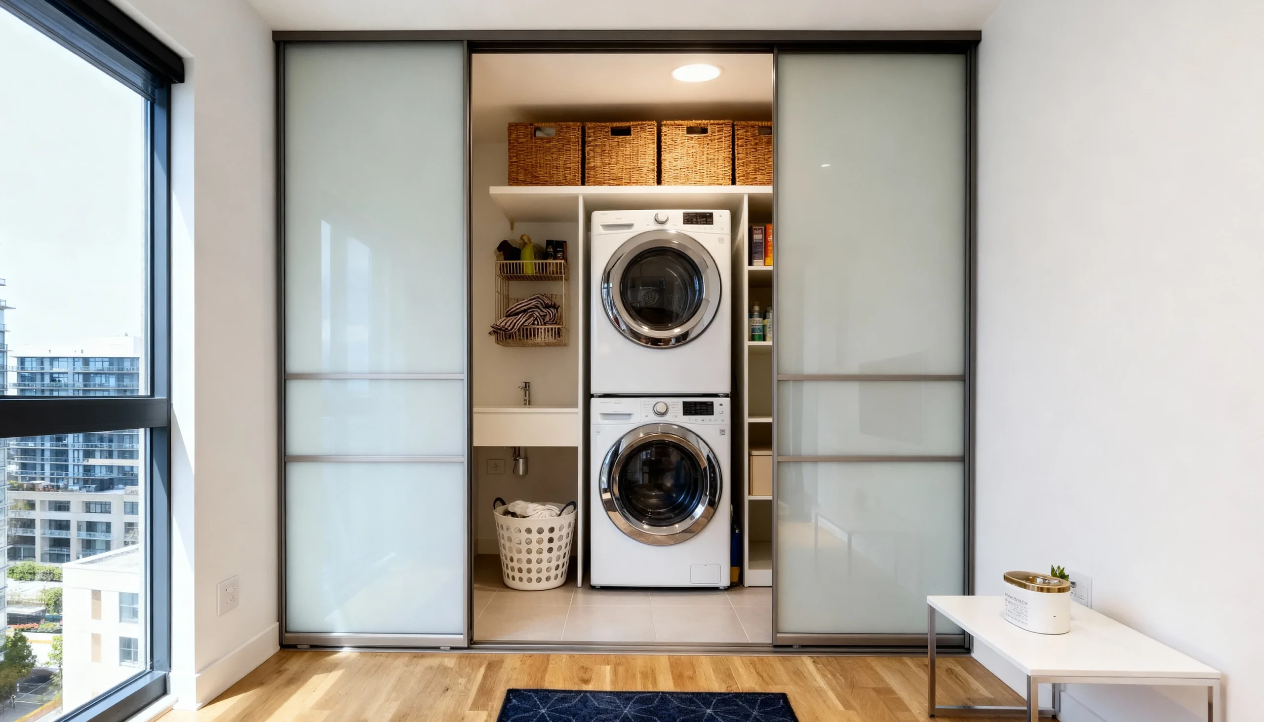 Komandor sliding door system featuring frosted glass inserts and slim aluminum frames, utilized as a high-end condo laundry room partition. The bi-pass application hides a custom-built organization system designed for small spaces, featuring white laminate shelving and dedicated cabinetry for stacked appliances. This architectural solution utilizes precision-engineered tracks and smooth-action rollers to maximize square footage. Designed for urban living, these custom-made Canadian sliding doors provide a modern alternative to traditional closet doors, blending aesthetic transparency with functional utility.