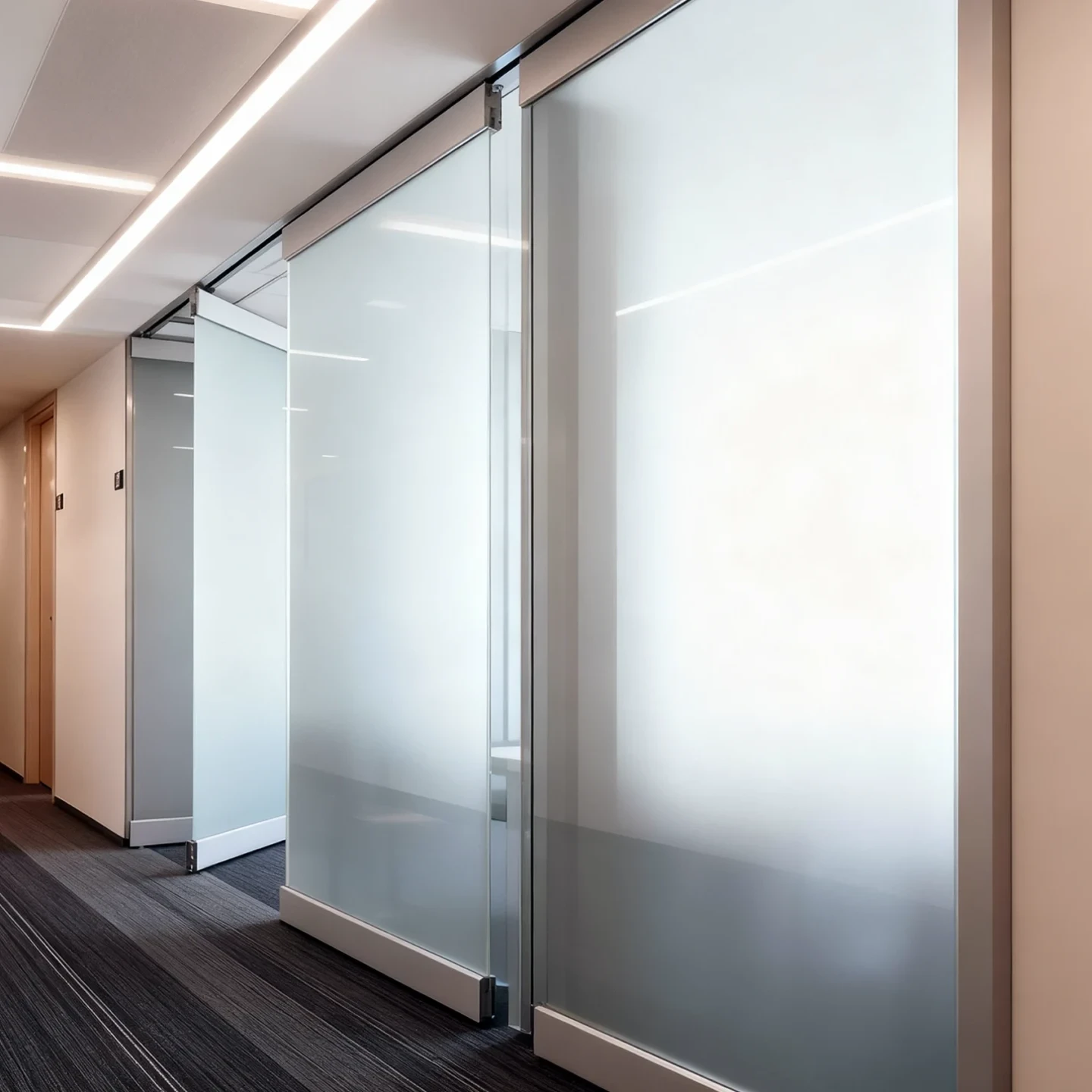 Komandor commercial sliding glass partition system featuring top-hung suspended panels for flexible space division. The design utilizes expansive frosted tempered safety glass inserts encased in heavy-duty anodized aluminum profiles to ensure visual privacy while allowing diffused light transmission. Engineered with robust ball-bearing rollers concealed in the upper track, the panels slide smoothly to open or close off meeting areas without requiring a trip-hazard floor track.