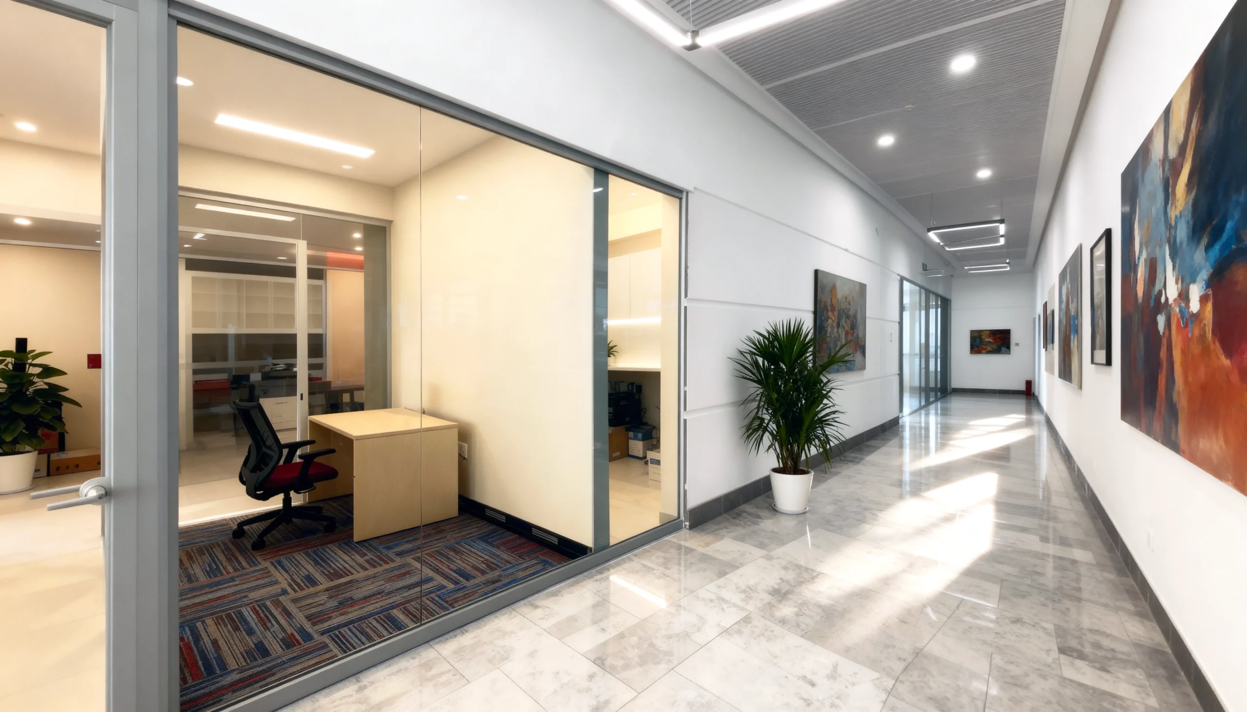 Komandor TAW-1 single glazed aluminum-framed glass partition system utilized to create a modern office buildout. The system features narrow 6063-T5 anodized aluminum profiles that maximize light transmission and transparency while maintaining architectural separation. The configuration includes large-format tempered safety glass panels secured within high-density floor and ceiling tracks. This minimalist interior glazing solution provides a visually light aesthetic compared to traditional millwork, featuring precision-engineered joints and sleek hardware integration for commercial corridor applications.