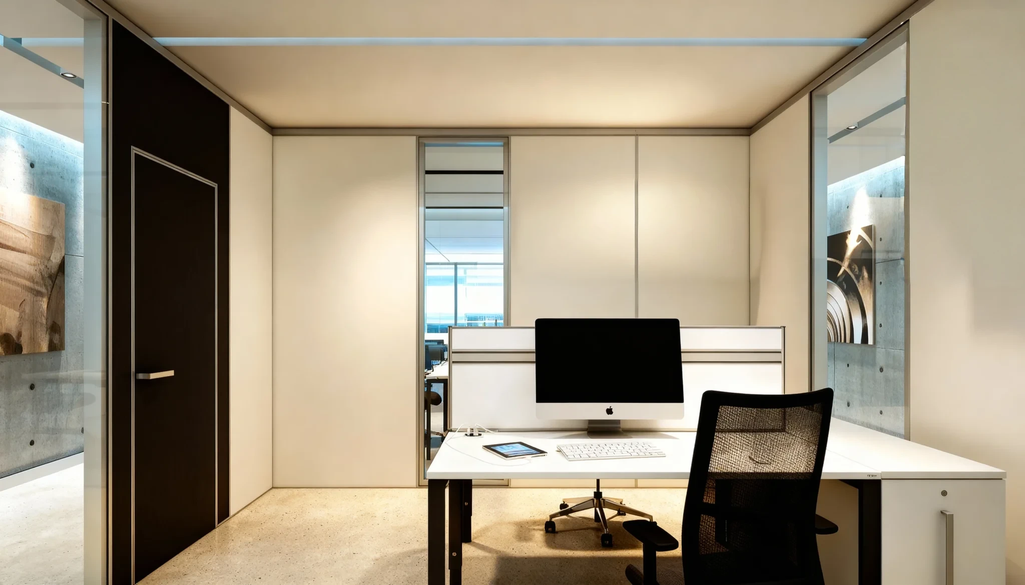 Komandor TAW-1 single glazed glass partition system utilized in a modern office buildout. This minimalist architectural solution features slim aluminum profiles and tempered safety glass to divide workspace areas while maximizing natural light transmission. The system is custom-manufactured from high-density 6063-T5 anodized aluminum for structural rigidity. This specific installation showcases a floor-to-ceiling application integrated with a private office door, providing acoustic privacy and sleek aesthetic lines without the need for traditional drywall framing or bulky bulkheads.