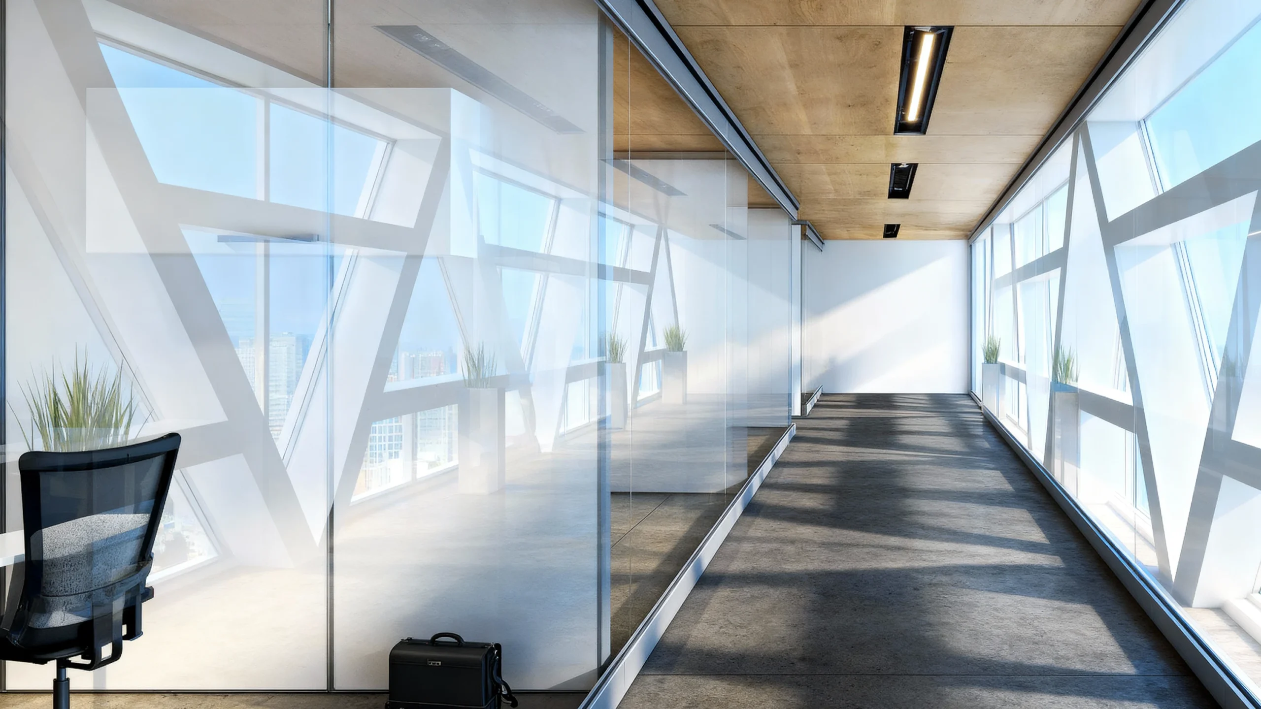 Komandor TAW-2 double-glazed acoustic partition system featuring a high-performance architectural glass wall for superior sound deadening. The system utilizes slim-profile aluminum framing to support two parallel layers of tempered safety glass, maximizing light transmission while maintaining acoustic privacy. This interior glazing solution is designed for modern office environments, providing a floor-to-ceiling structural fit without heavy framing, integrated with precision-engineered tracks for a seamless, minimalist aesthetic.