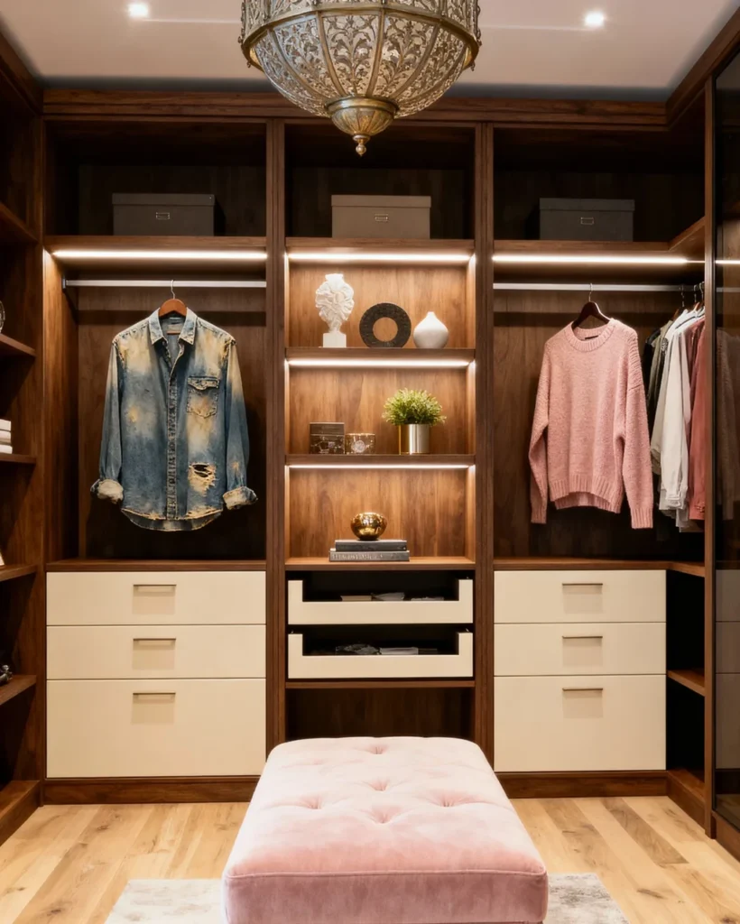 Komandor Walnut Crest custom walk-in closet system featuring a luxury dark wood-grain laminate finish with integrated LED profile lighting. The architectural configuration includes a central shelving unit with soft-close drawers and open cubbies for accessory display. Flanking the center are high-capacity hanging sections with custom rods. The system incorporates European-engineered 18mm high-density thermal-fused laminate panels and recessed light diffusers, providing shadow-free illumination for organized garment storage and a boutique residential aesthetic.