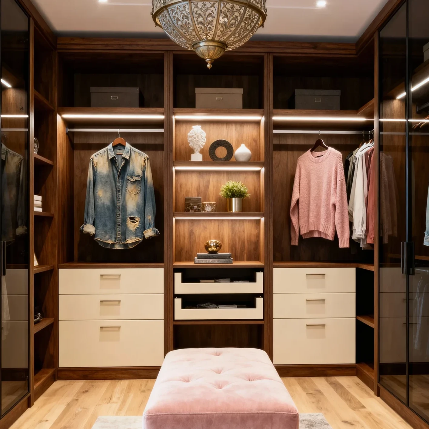 Komandor Walnut Crest custom walk-in closet system featuring a luxury dark wood-grain laminate finish with integrated LED profile lighting. The architectural configuration includes a central shelving unit with soft-close drawers and open cubbies for accessory display. Flanking the center are high-capacity hanging sections with custom rods. The system incorporates European-engineered 18mm high-density thermal-fused laminate panels and recessed light diffusers, providing shadow-free illumination for organized garment storage and a boutique residential aesthetic.