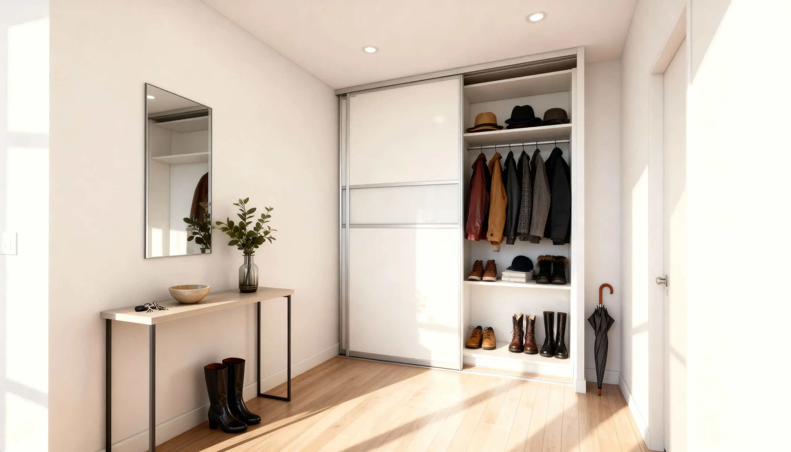 Komandor custom reach-in closet organizer featuring a white low-VOC laminate carcass and integrated sliding door system. This bi-pass application utilizes high-density 18mm European thermal-fused laminate (TFL) for structural rigidity. The system includes precision ball-bearing anti-jump mechanisms for smooth, quiet operation. The internal configuration showcases adjustable shelving, a silver-finished hanging rod, and dedicated shoe storage, demonstrating millimetre-precise customization that eliminates the need for filler strips in residential entryway applications.