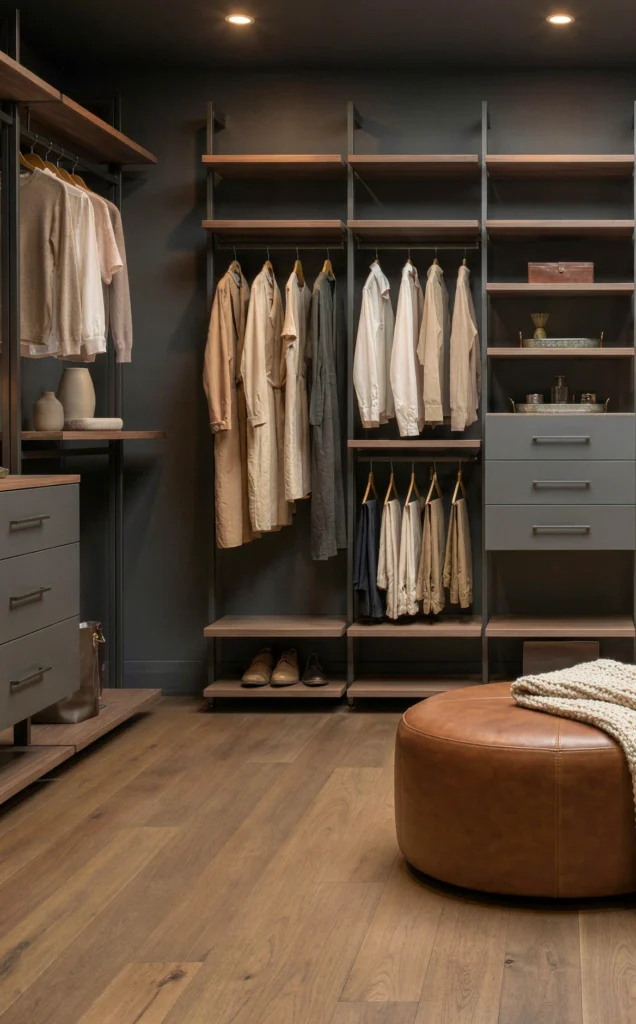 Komandor Orto aluminum-framed open wardrobe and shelving system designed for luxury walk-in closets. This modular architectural furniture features slim matte black anodized aluminum profiles with integrated structural support for cantilevered shelving and high-load garment rods. The system utilizes low-VOC textured laminate cabinetry inserts and includes specialized organizational components, providing a visually light yet durable storage solution engineered with European precision for modern residential interiors.