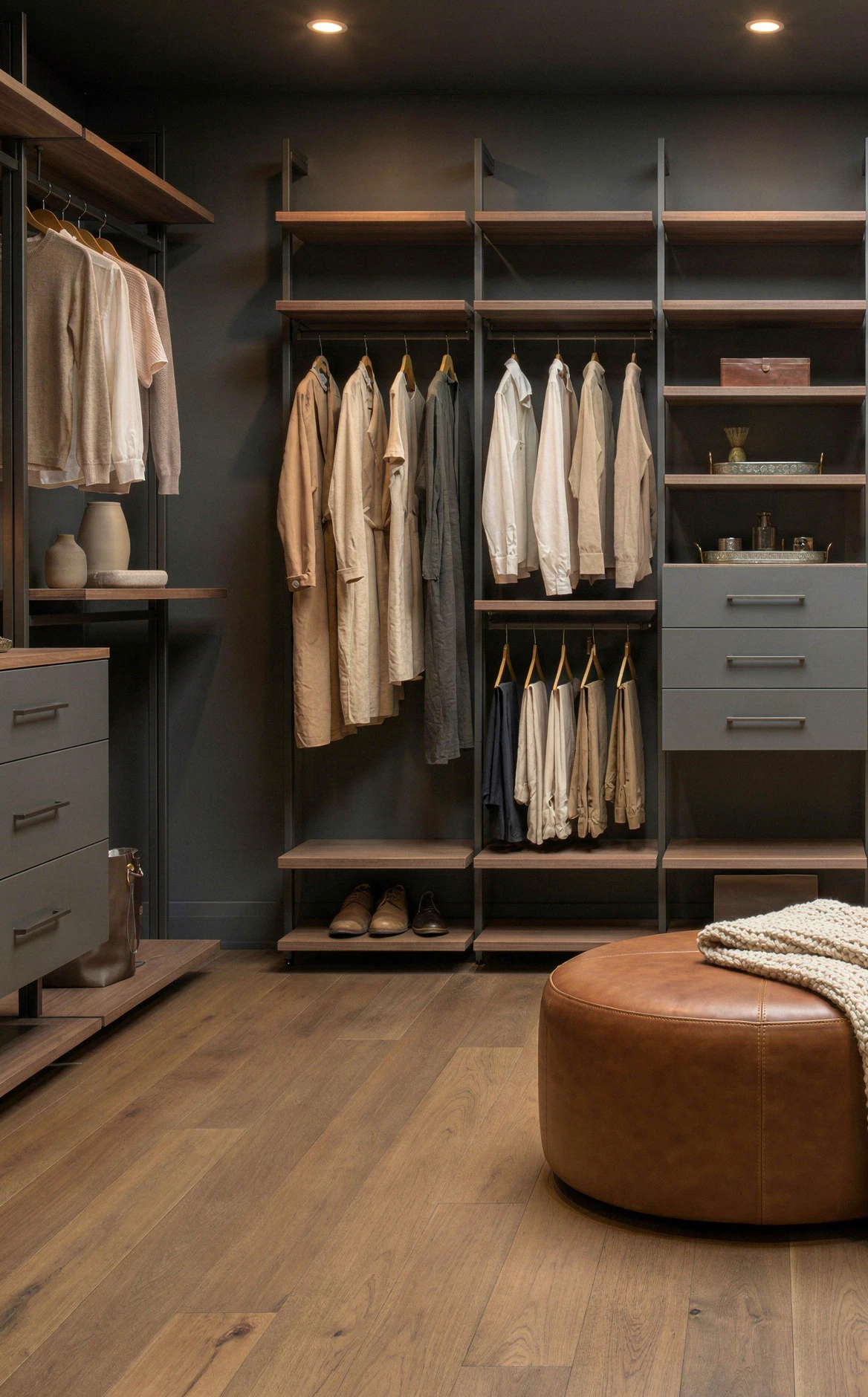 Komandor Orto aluminum-framed open wardrobe and shelving system designed for luxury walk-in closets. This modular architectural furniture features slim matte black anodized aluminum profiles with integrated structural support for cantilevered shelving and high-load garment rods. The system utilizes low-VOC textured laminate cabinetry inserts and includes specialized organizational components, providing a visually light yet durable storage solution engineered with European precision for modern residential interiors.