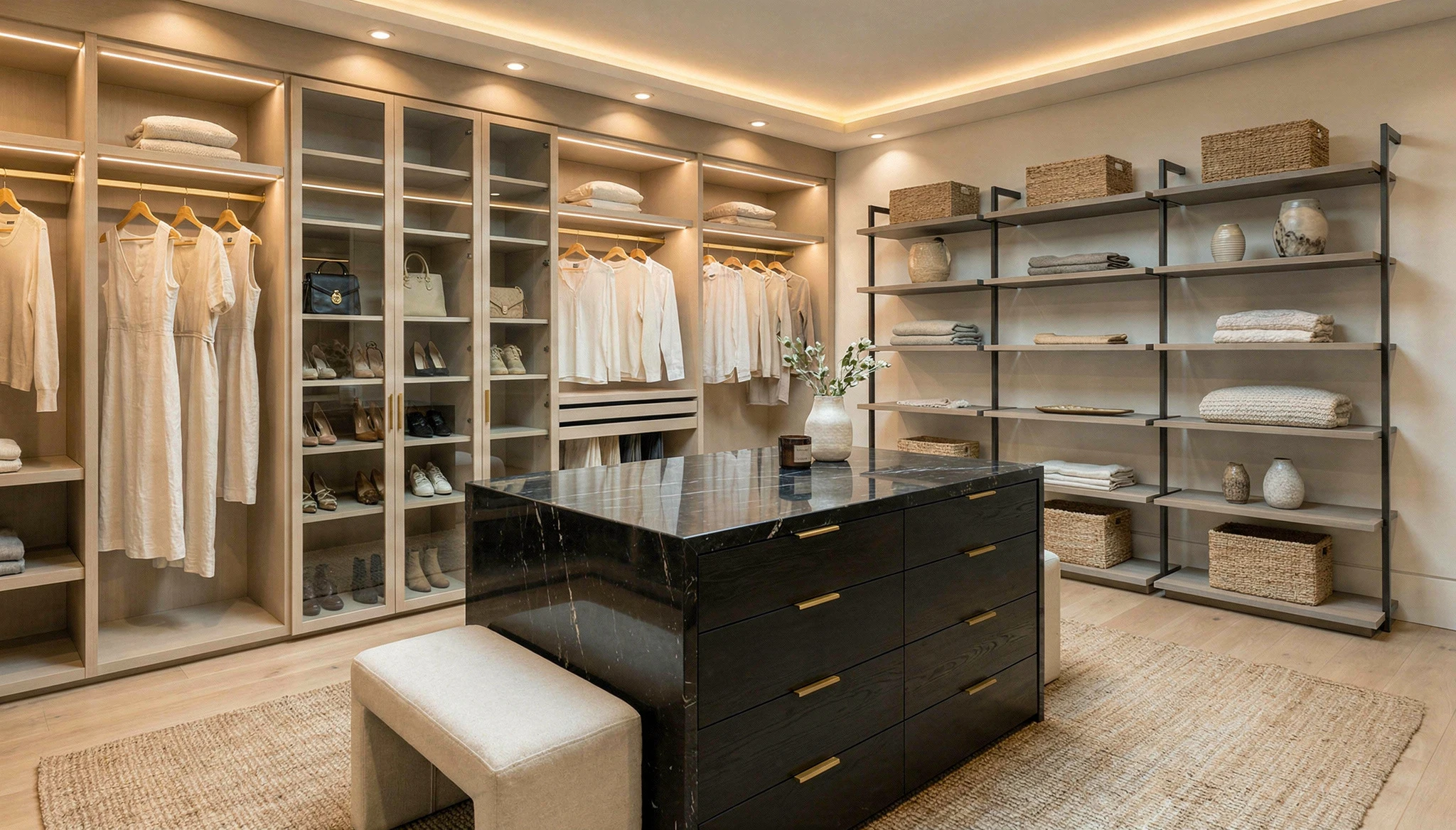 Komandor Orto column-based open shelving system and luxury walk-in closet. This architectural furniture system features slim, matte-finished aluminum profiles with integrated adjustable shelving and hanging rods. The Orto system utilizes a visually light, floor-to-ceiling or wall-mounted structural framework. Technical specifications include high-load capacity European-engineered joinery, custom-width cabinetry inserts in low-VOC textured laminate, and high-performance concealed hardware designed for seamless organization and modern aesthetic flexibility in open-concept residential storage.